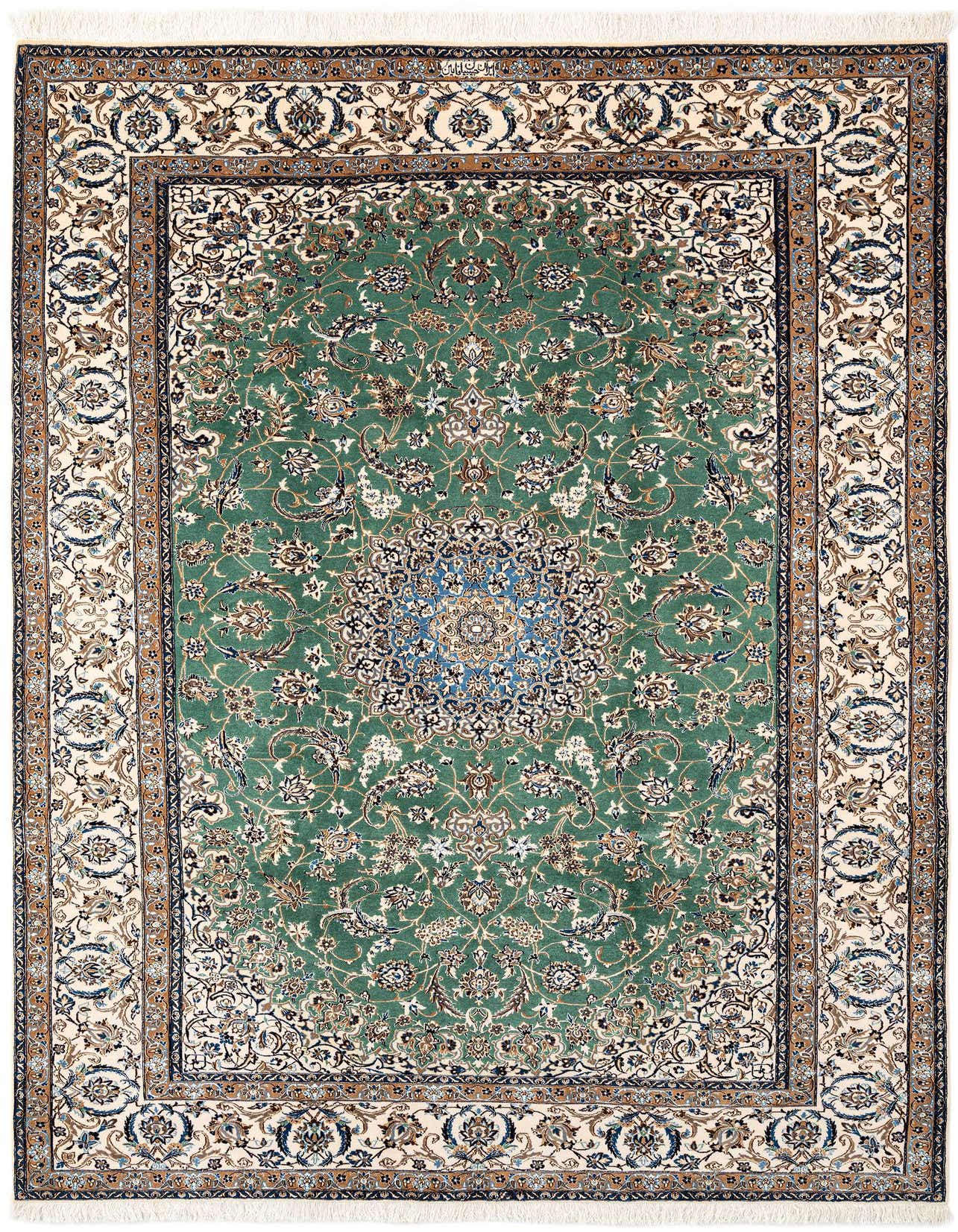 A handmade rectangular Persian rug featuring a lush green field with intricate floral patterns and a detailed cream and brown border.
