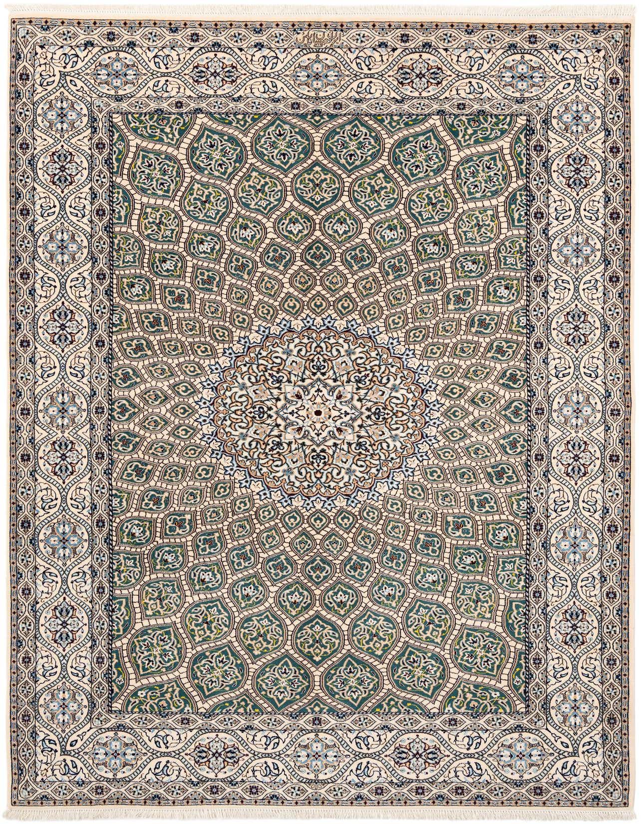 A rectangular 5x8 green and cream wool rug featuring an intricate traditional medallion and border pattern.