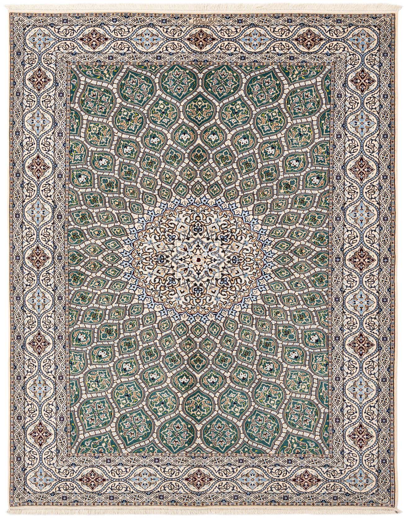 A 5x8 rectangular green wool rug with an intricate traditional medallion pattern and ornate border, perfect for an entryway or living room.