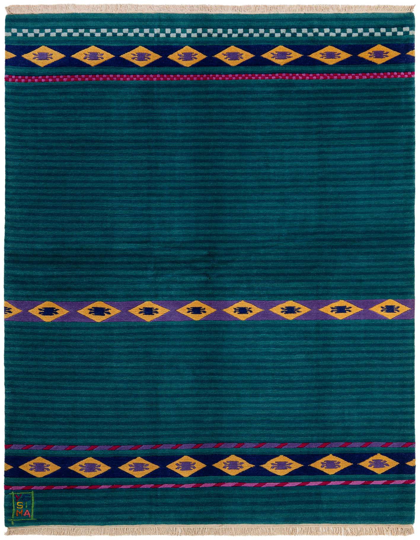 A 5x8 rectangular green wool rug featuring a modern oriental stripe pattern with purple, yellow, and blue geometric accents.
