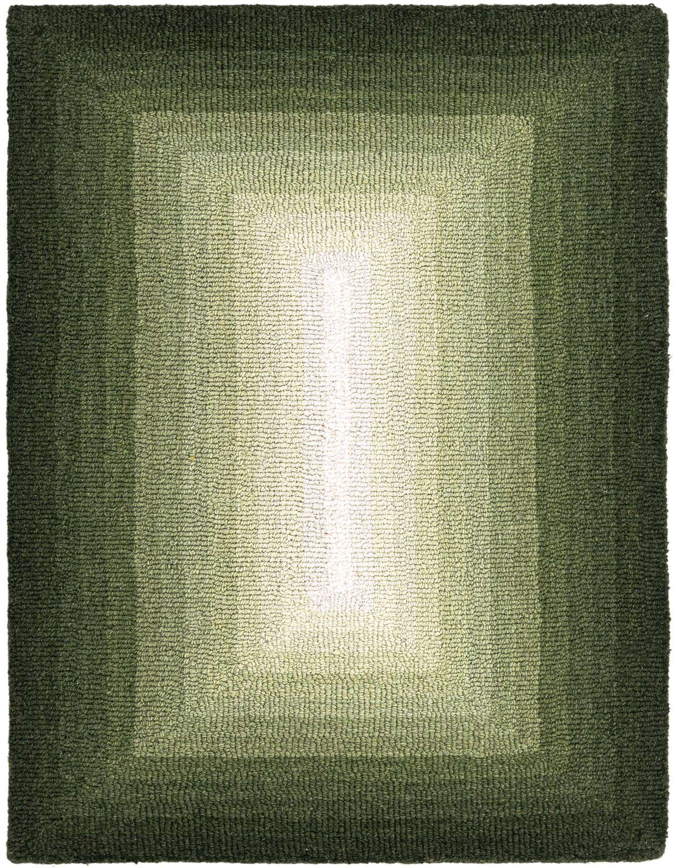 A rectangular 2x3 green wool rug with an ombre design, transitioning from dark green edges to a light green center.