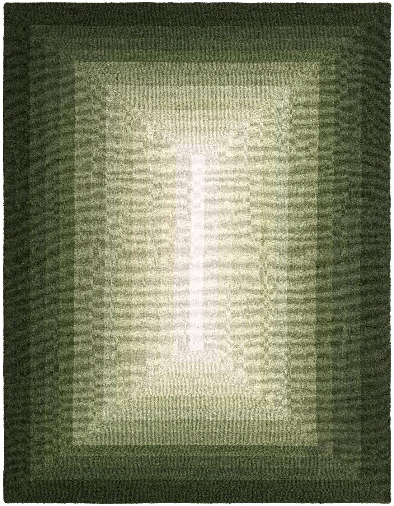 A 5x8 rectangular Ombre Wool rug featuring a modern gradient pattern from dark green to light green and white in the center.