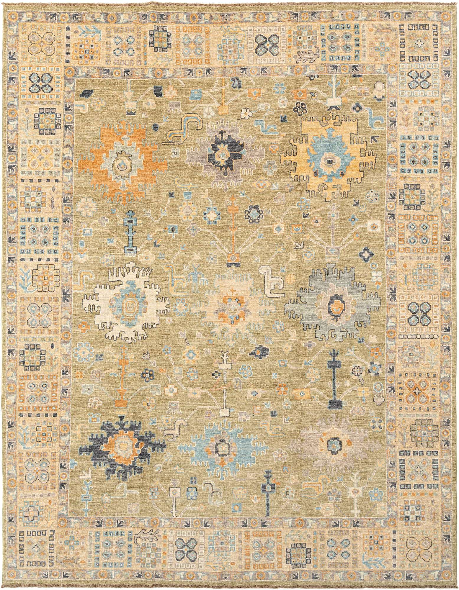 A rectangular Oushak Persian rug with a green field and intricate floral and geometric patterns in orange, blue, and beige.