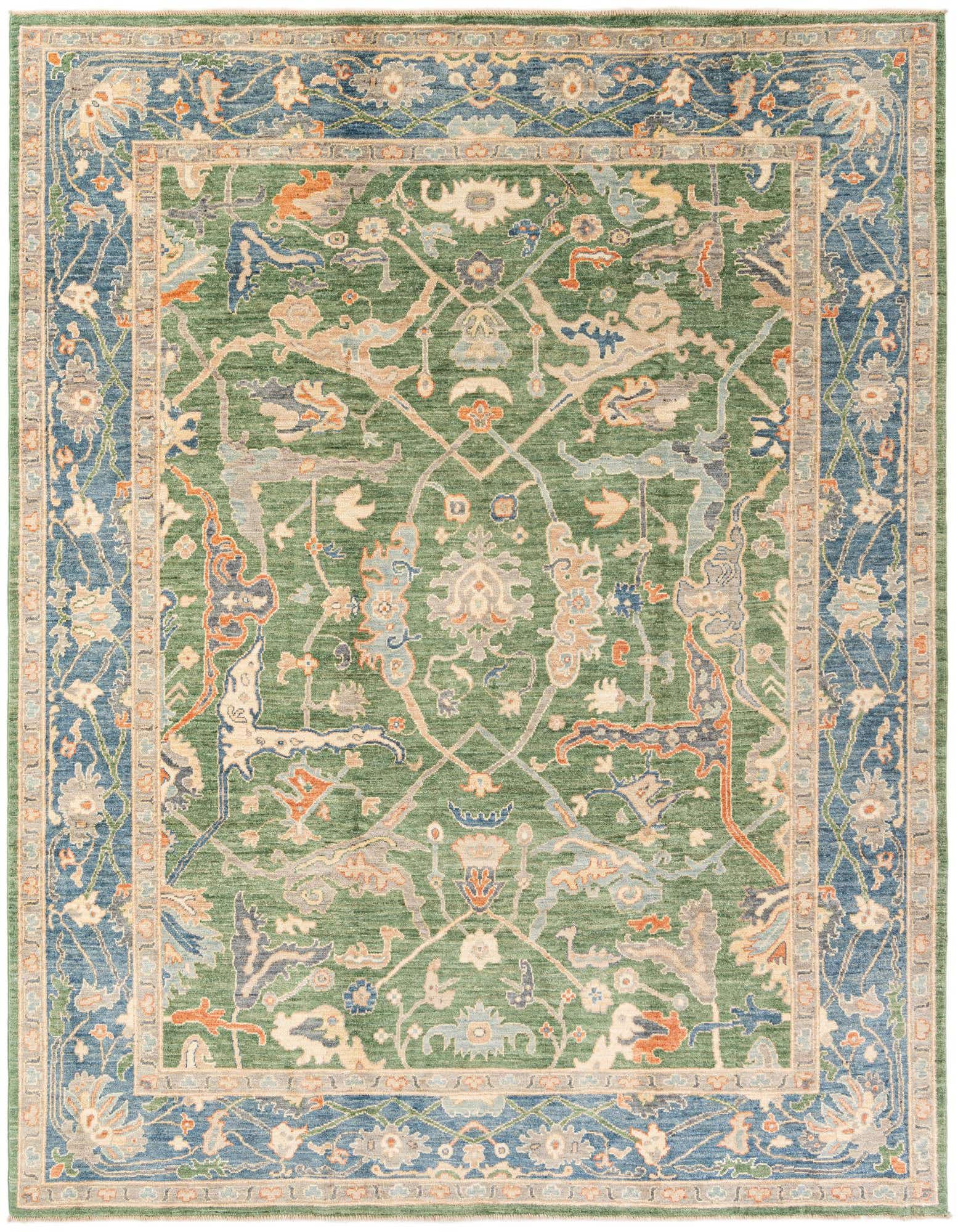 A rectangular 8x10 green Oushak rug with a detailed modern pattern and blue border, handmade from wool.