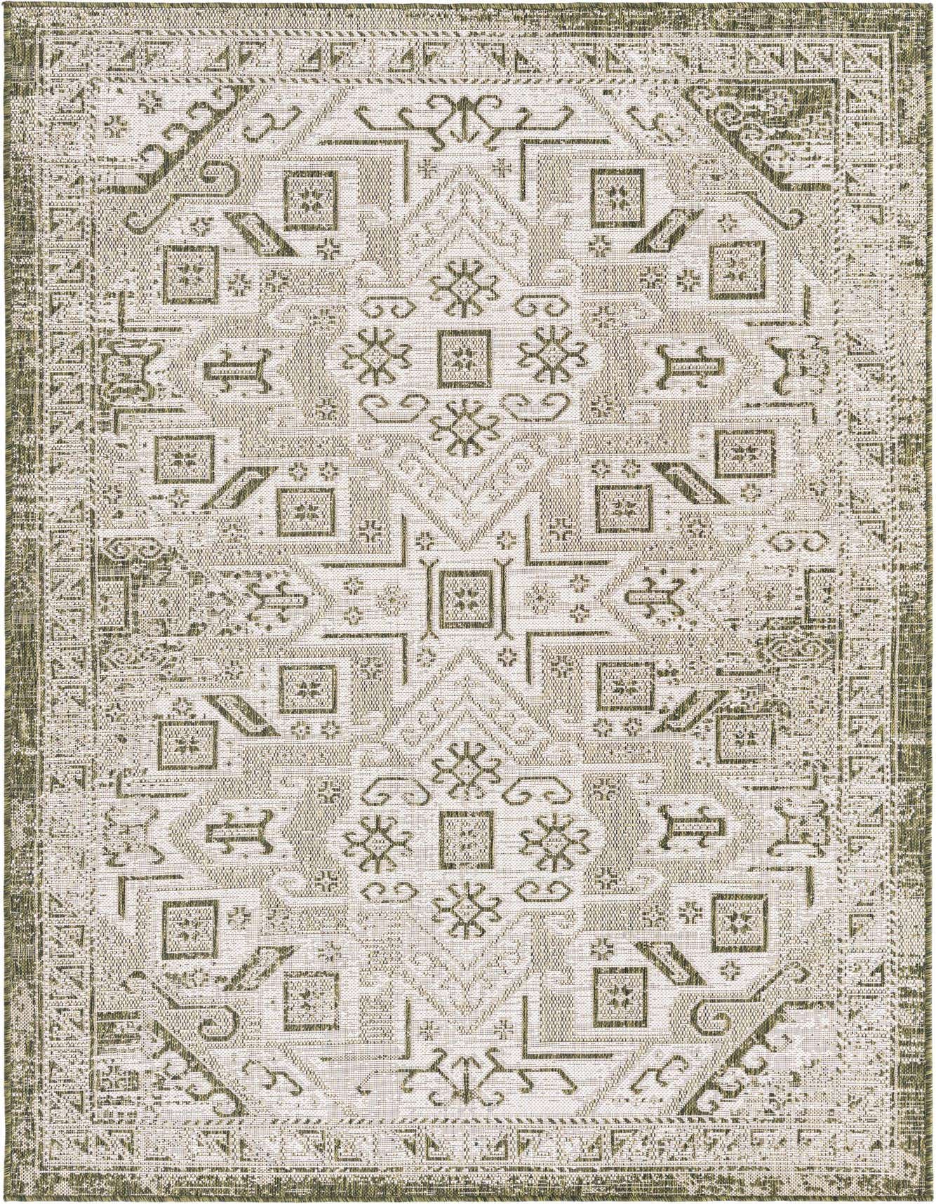 A 5x8 rectangular Rugs.com Outdoor Aztec rug featuring a Southwestern tribal pattern in shades of green.