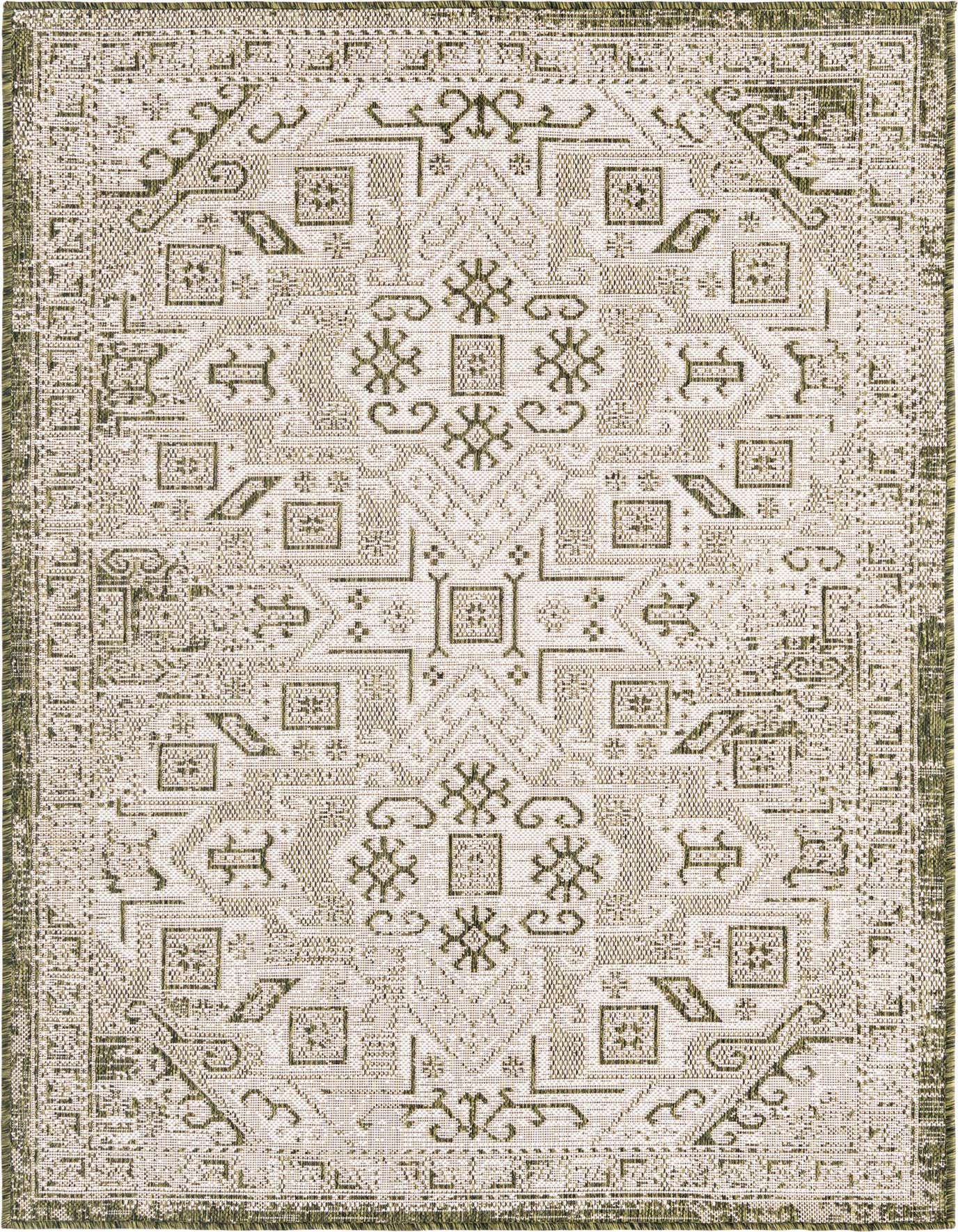 A 4x6 rectangular green and white Southwestern flatweave rug with a tribal geometric pattern, suitable for indoor/outdoor use.
