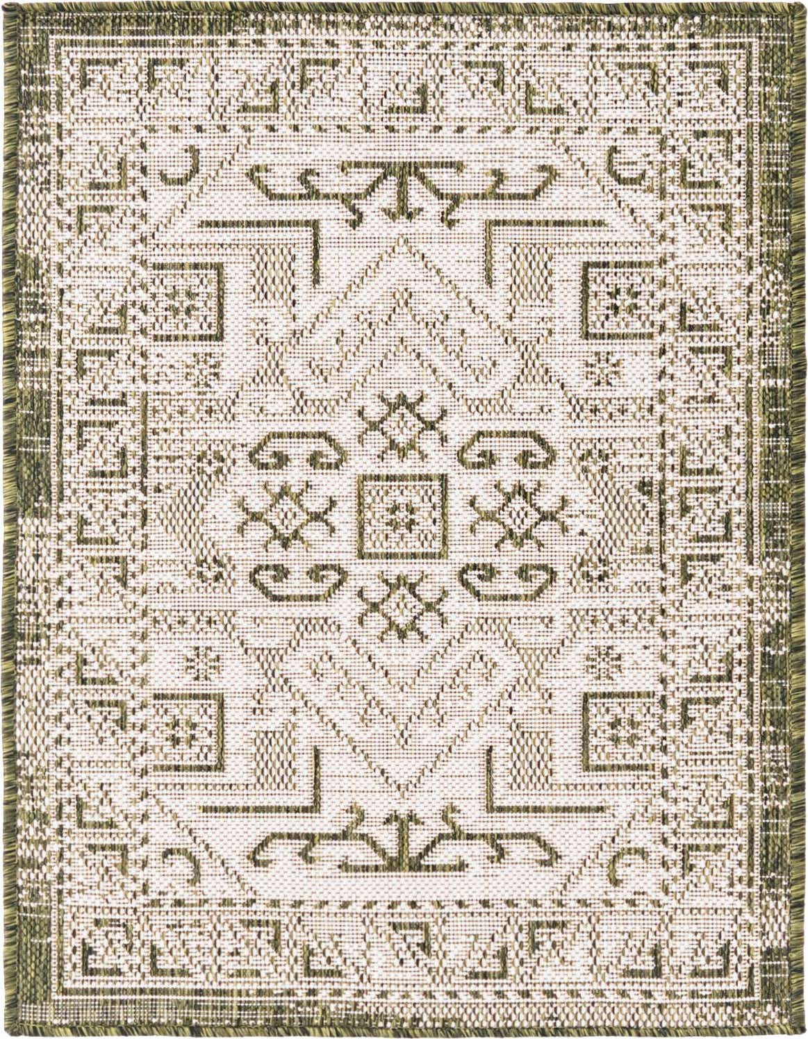 A 2x3 rectangular green and white Southwestern flatweave rug with tribal patterns and a textured pile.