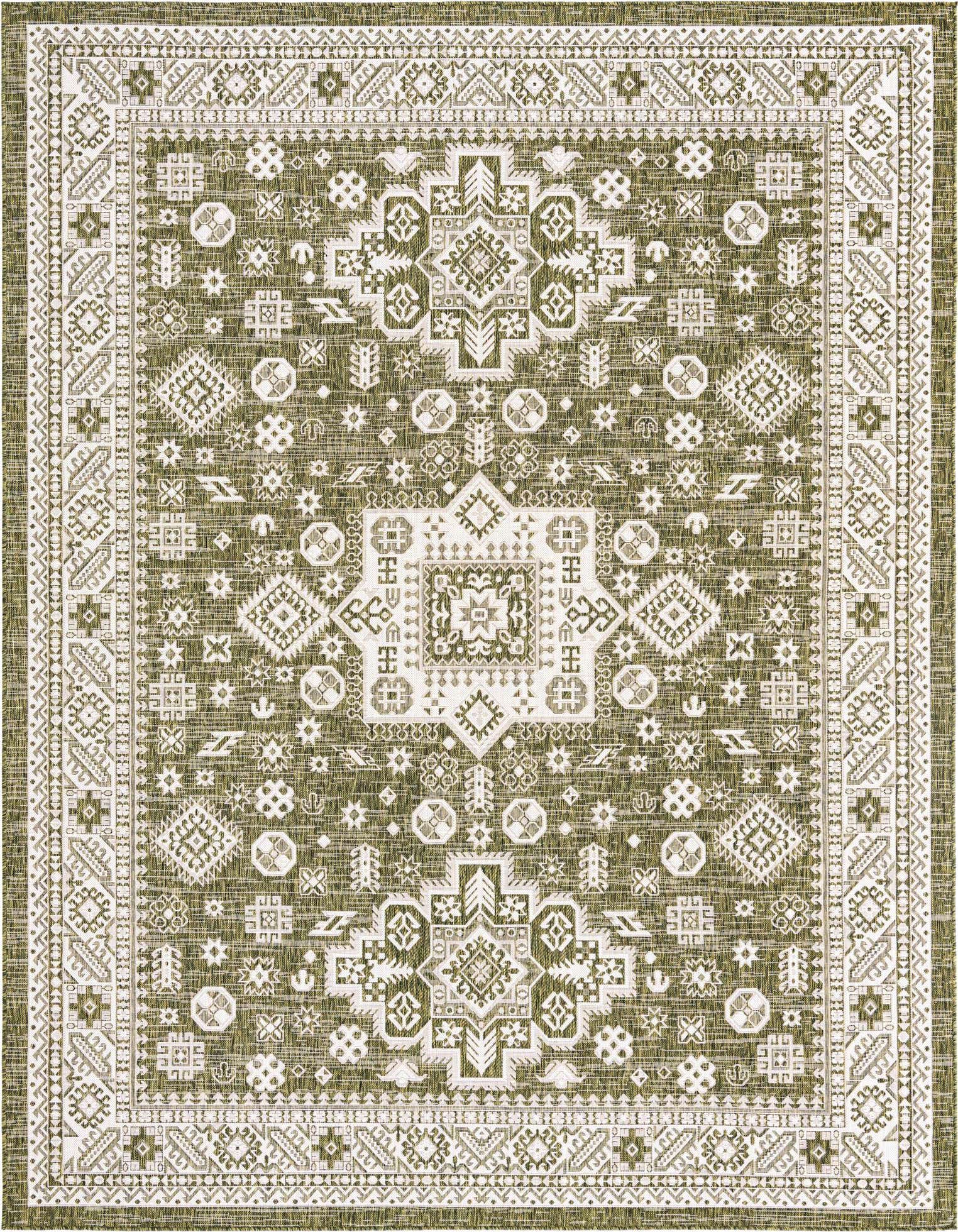 A 9x12 rectangular green and white Southwestern rug with intricate tribal patterns and a decorative border.