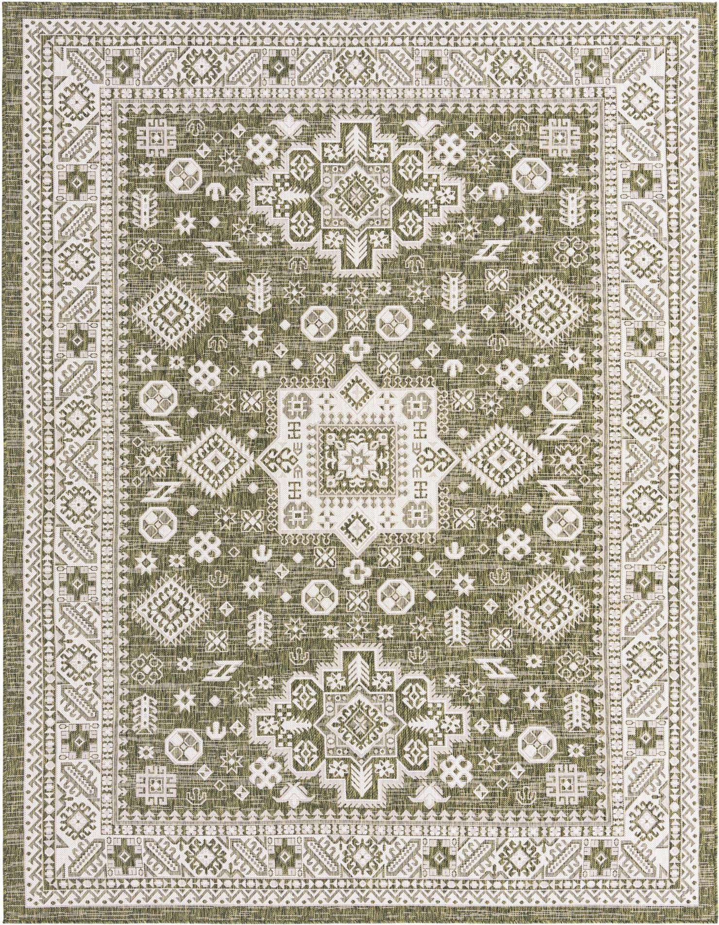 An 8x11 rectangular green and white Southwestern rug with a detailed tribal pattern and border.