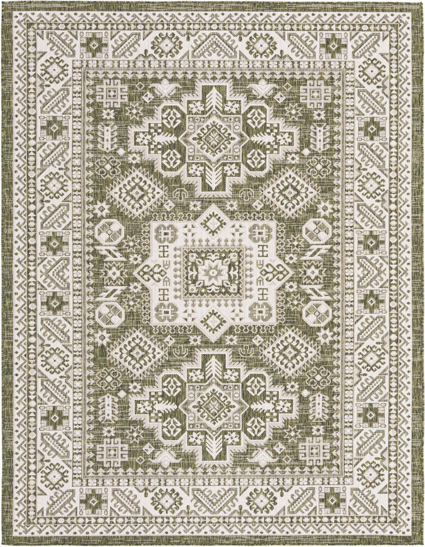 A 6x9 rectangular green and white Southwestern rug with tribal patterns, suitable for indoor or outdoor use.