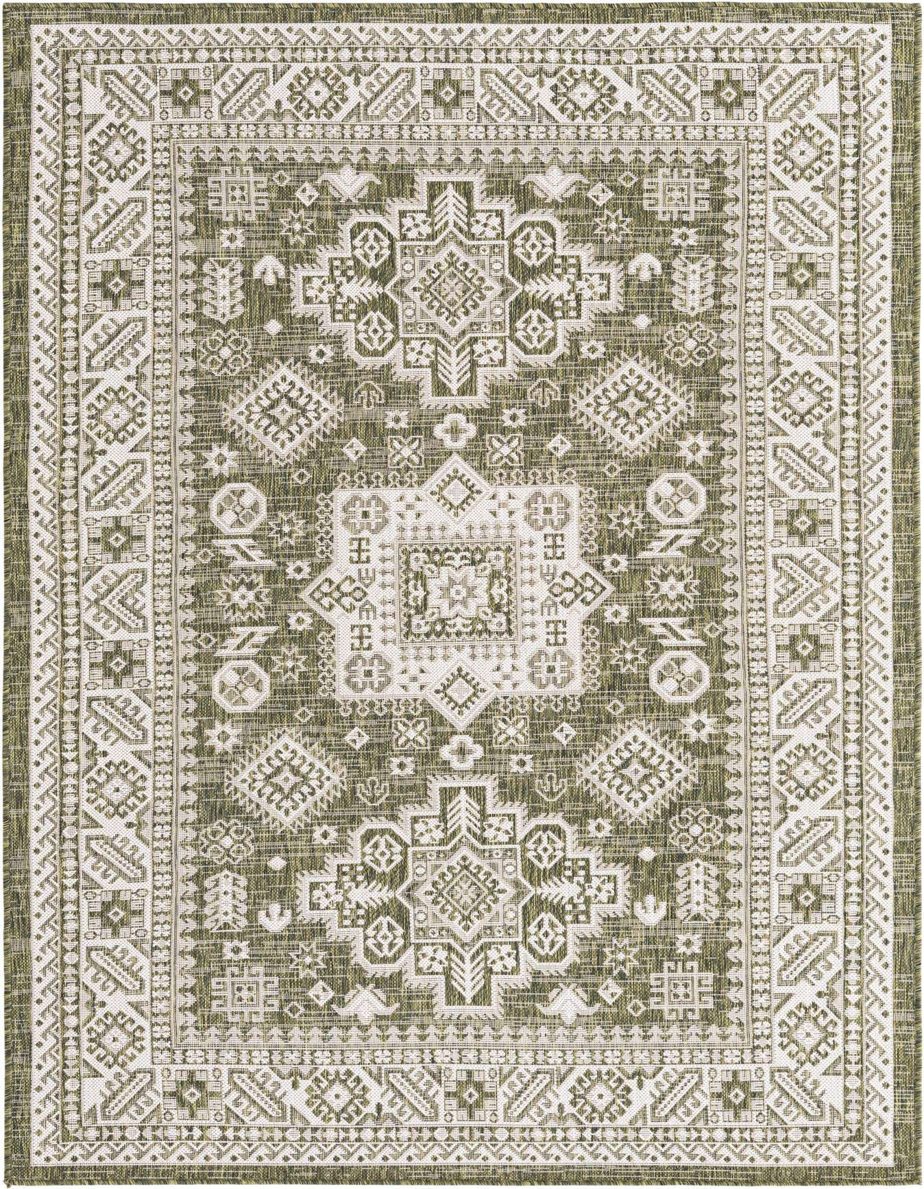 A 5x8 rectangular Rugs.com Outdoor Aztec rug in shades of green with a detailed Southwestern tribal pattern, suitable for indoor/outdoor use.