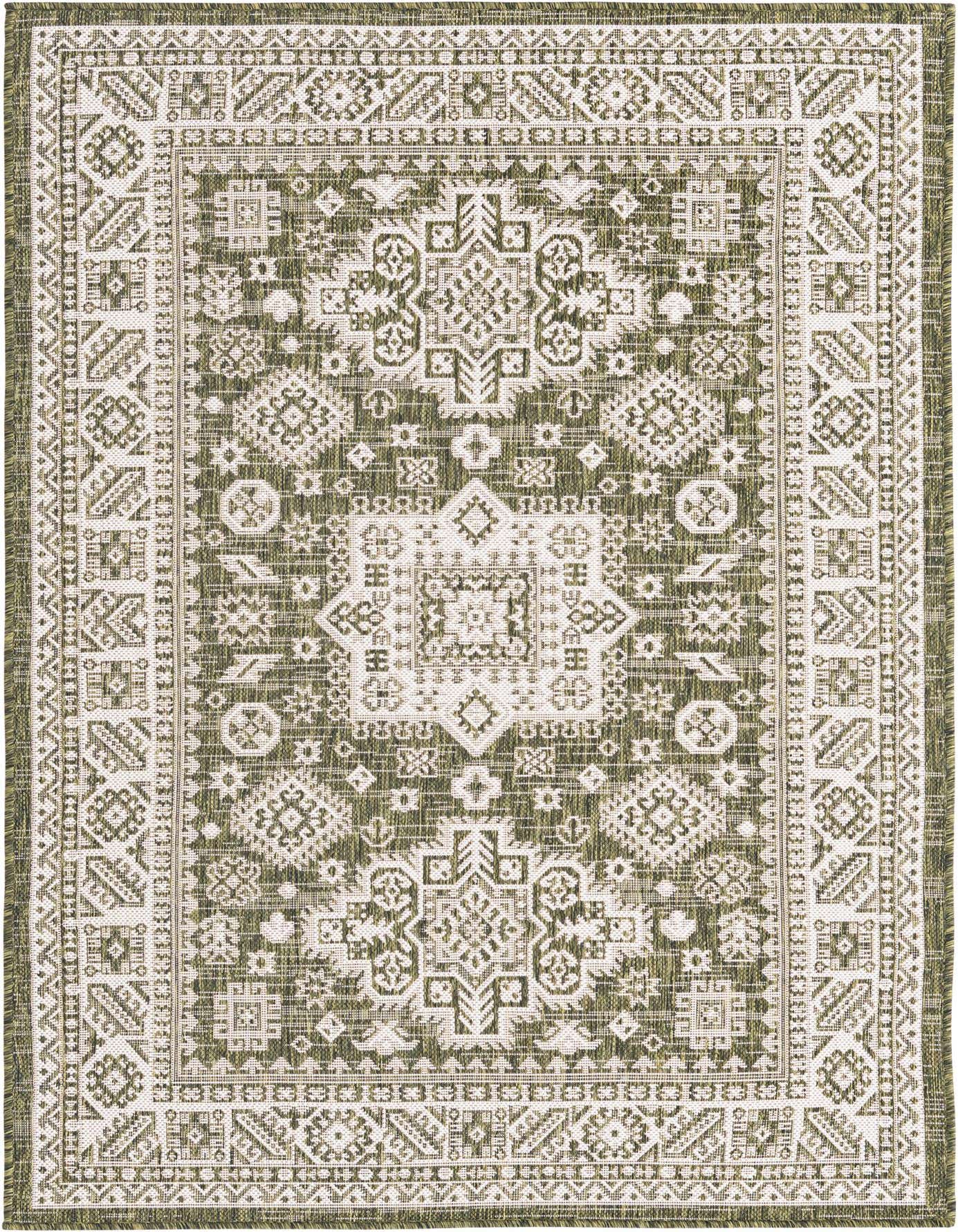 A 4x6 rectangular green and off-white Southwestern flatweave rug with a tribal geometric pattern, suitable for indoor or outdoor use.
