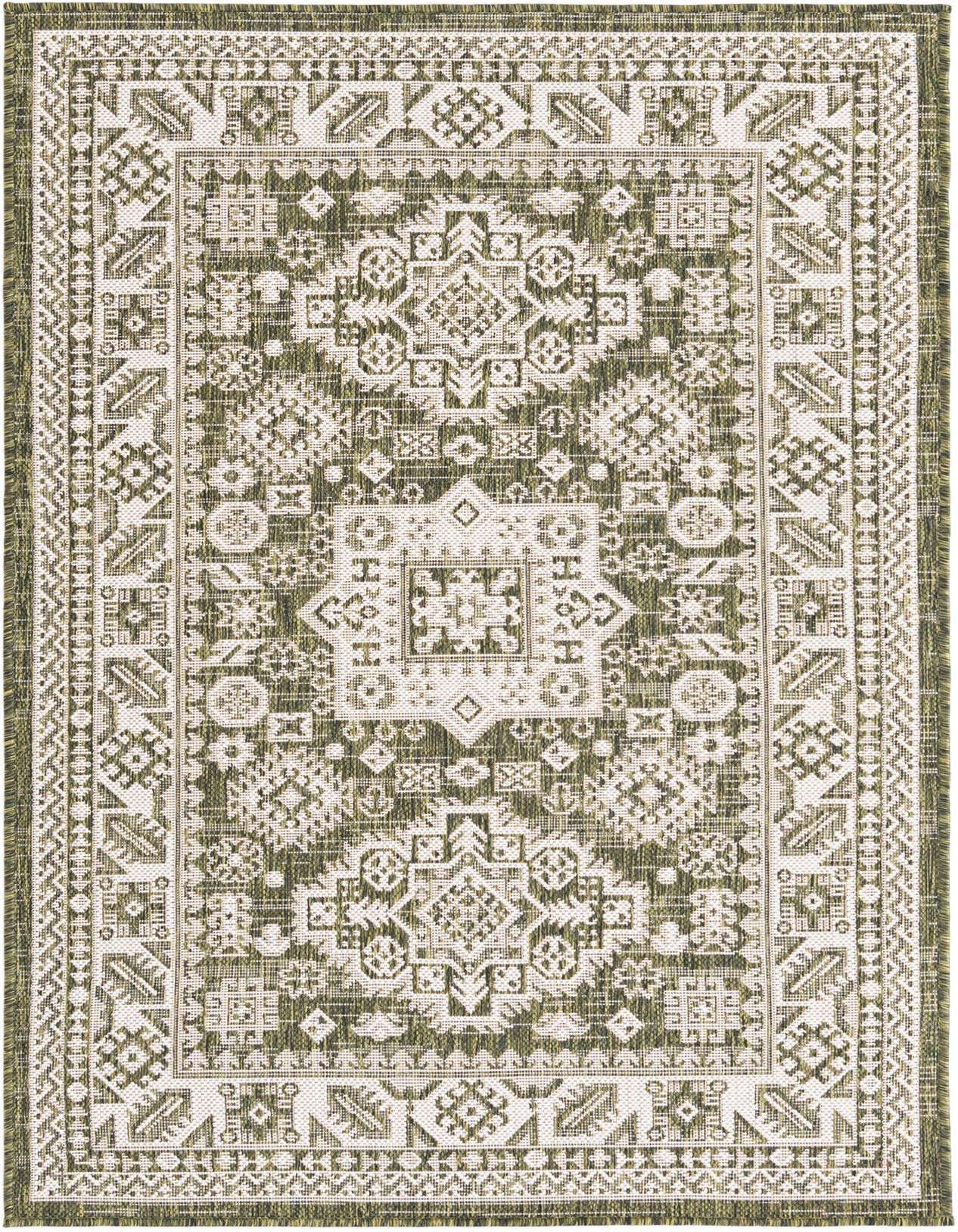 A 3x5 rectangular Rugs.com Outdoor Aztec rug in shades of green and white, featuring a Southwestern tribal pattern.