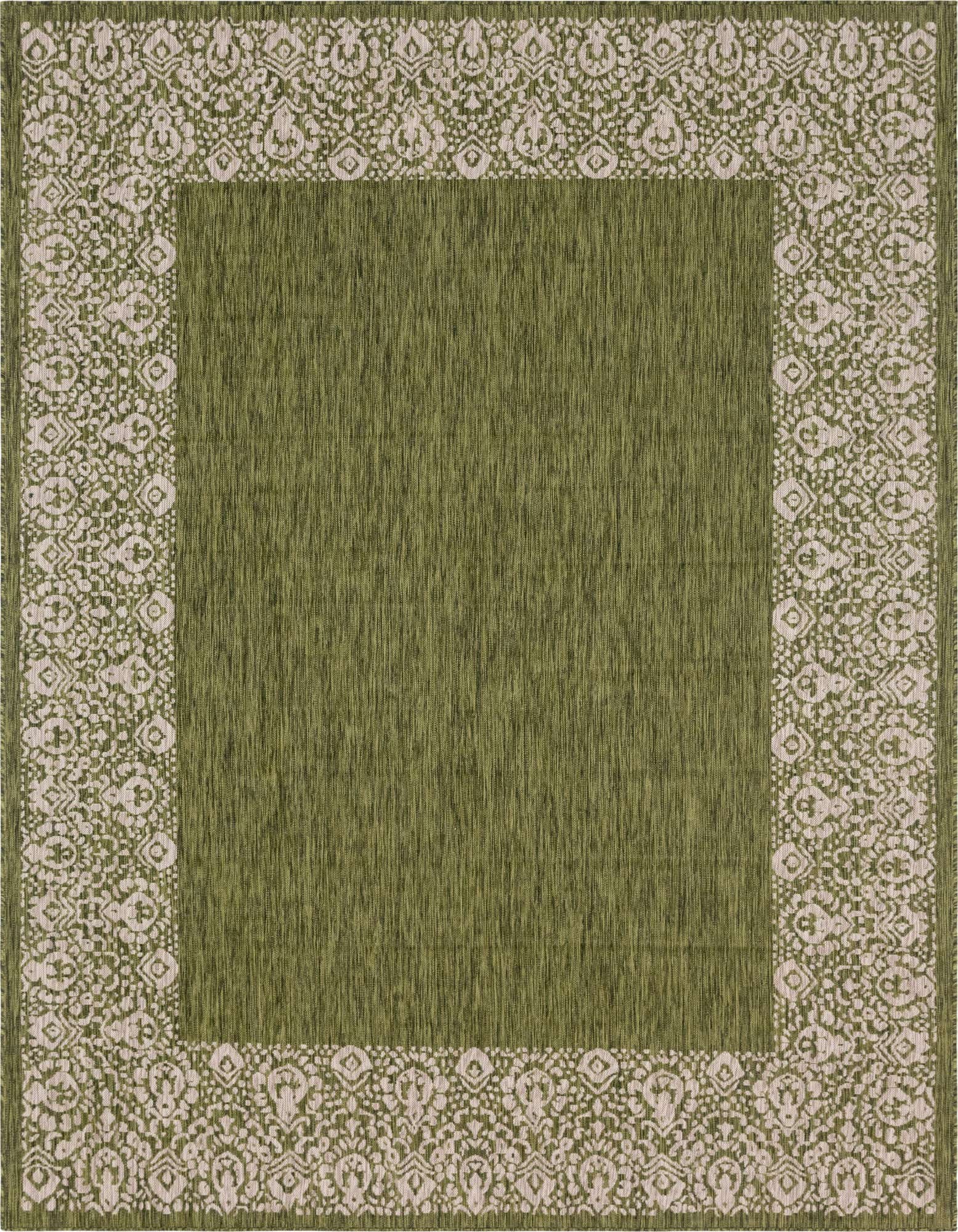 A 9x12 rectangular green indoor/outdoor rug with a light beige transitional border pattern, suitable for a patio or living room.