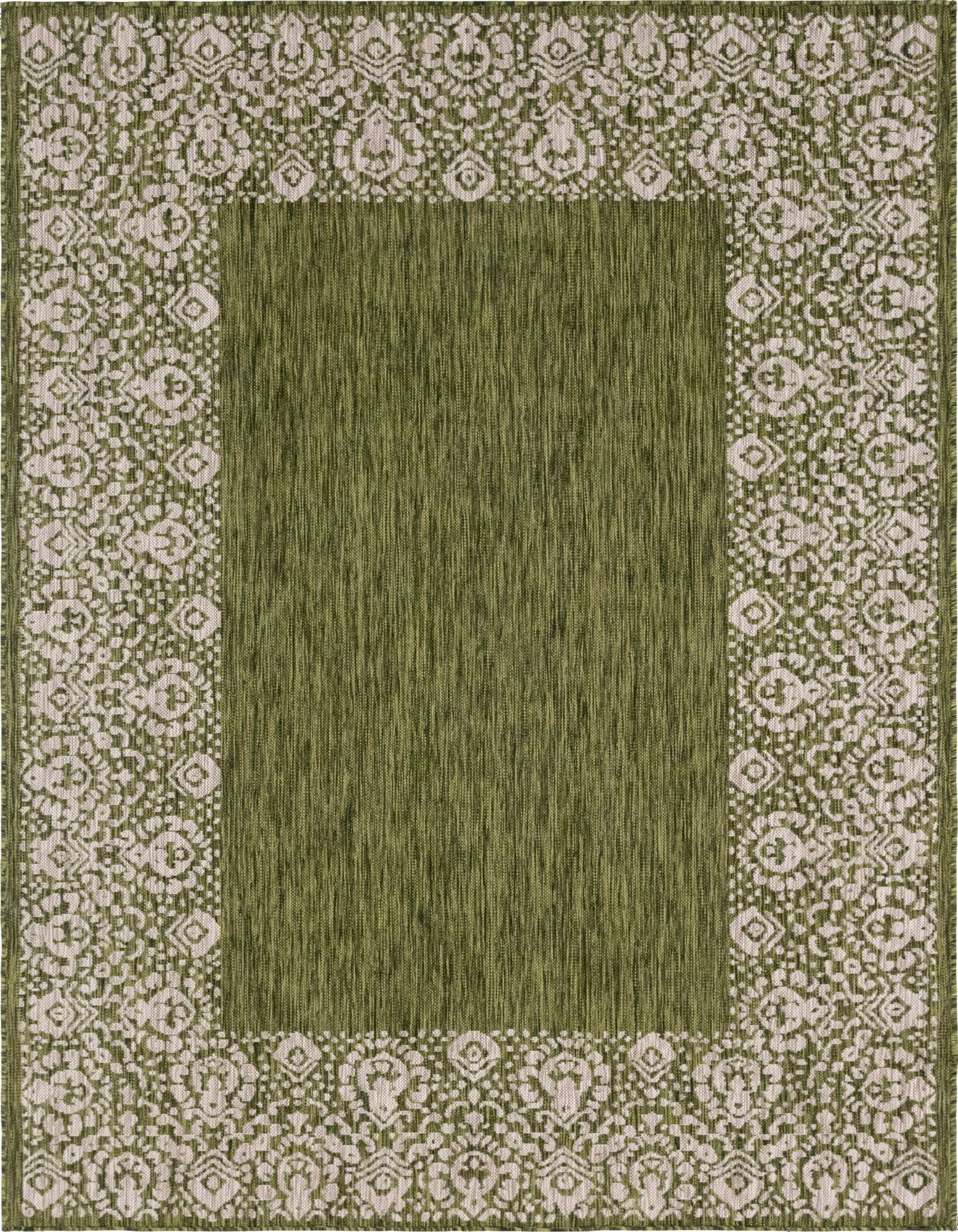 A 6x9 rectangular green indoor/outdoor rug with a textured flatweave and a light beige traditional border pattern.