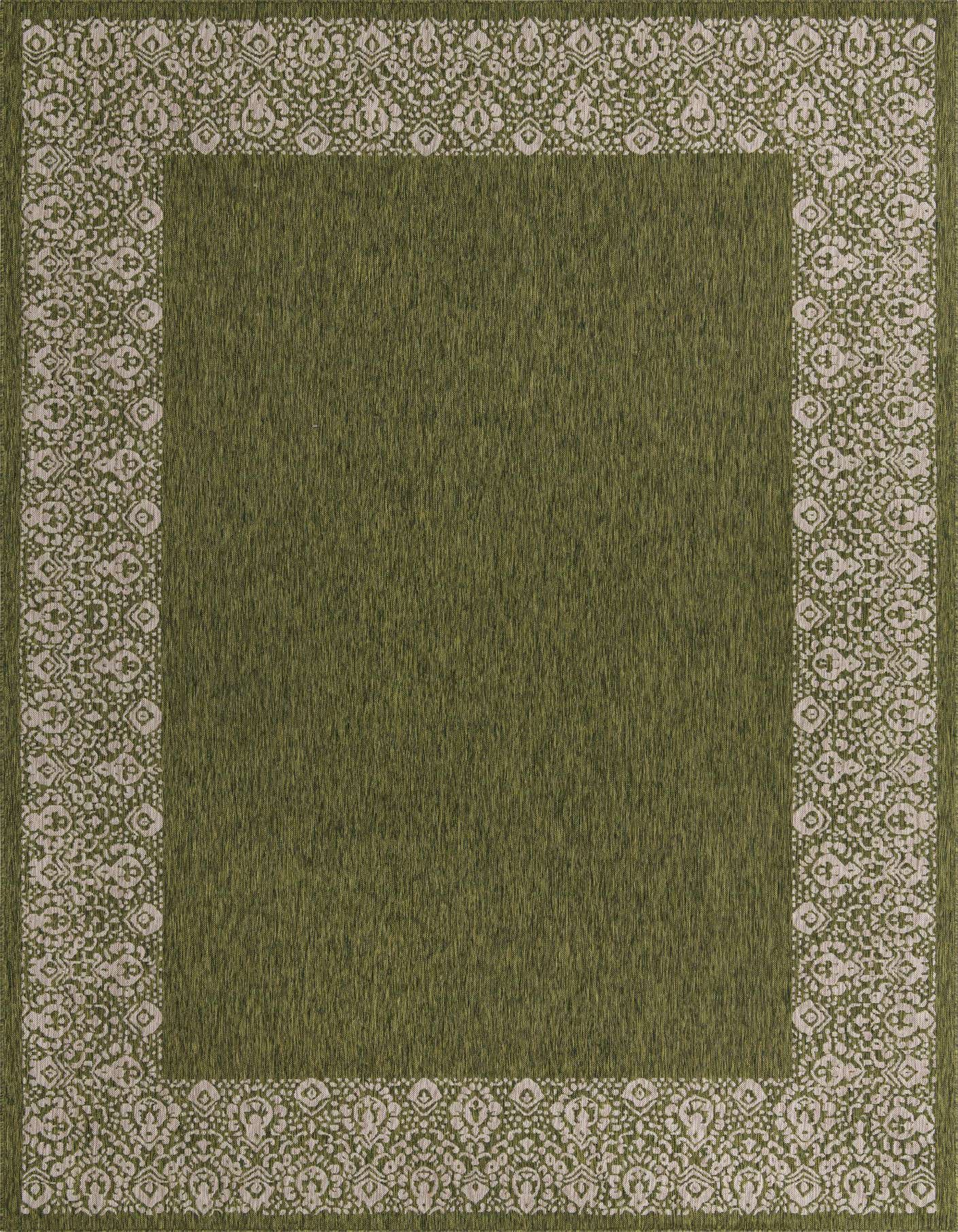 A 10x14 rectangular green indoor/outdoor rug with a light beige modern floral border, suitable for a patio.