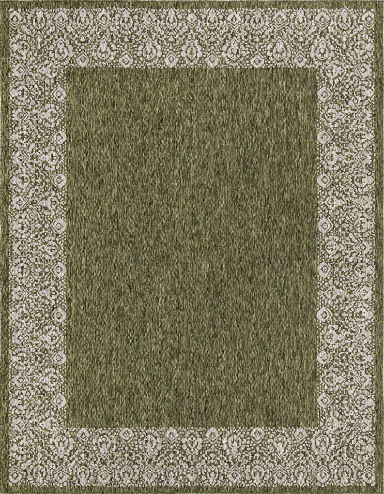 A 10x13 rectangular green indoor/outdoor rug with a light-colored, ornate vintage border pattern.