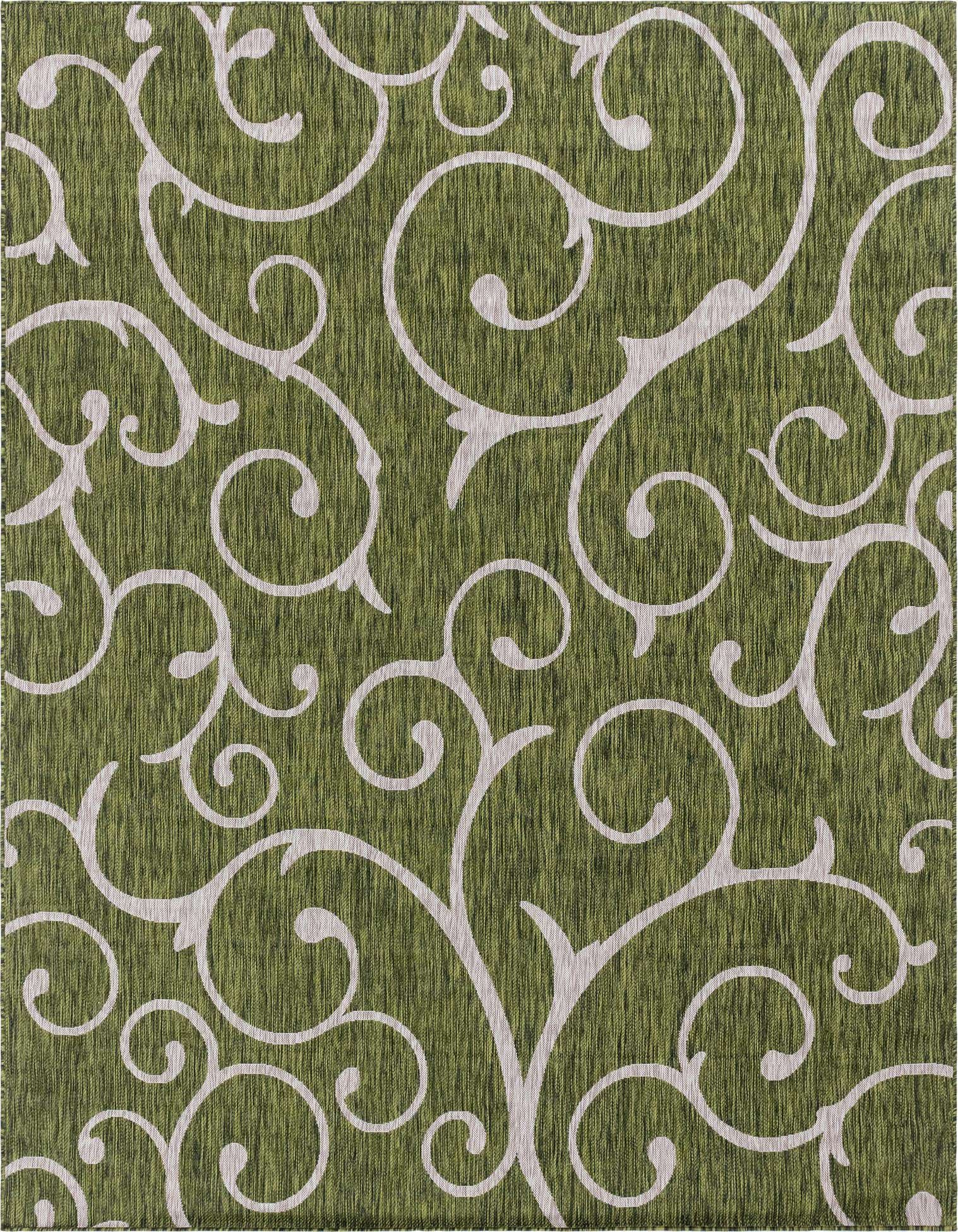 A 9x12 rectangular green indoor/outdoor rug with a white traditional botanical scroll pattern, suitable for a patio or living room.