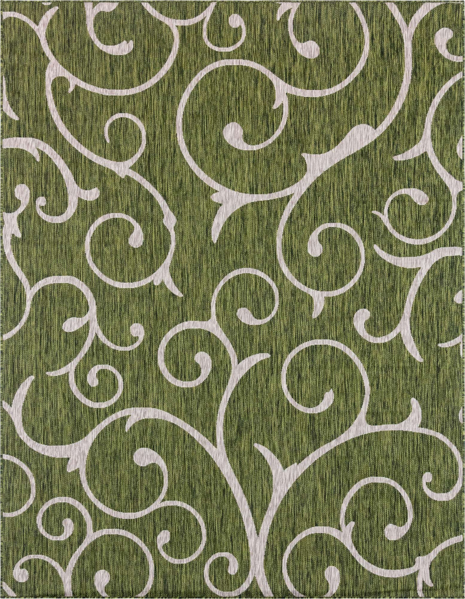 An 8x11 rectangular indoor/outdoor rug featuring a vibrant green background with an intricate white botanical scroll pattern.