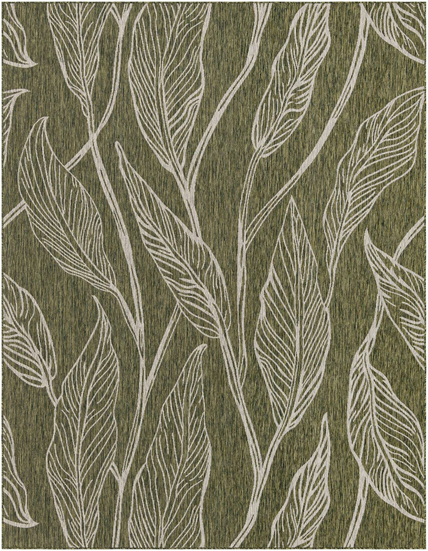 A 9x12 rectangular green indoor/outdoor rug with a modern botanical pattern of large, light-colored leaves and stems.