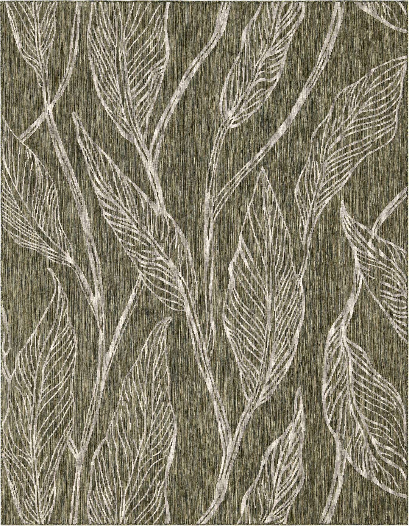 An 8x11 rectangular rug featuring a modern botanical pattern of large, outlined white leaves on a textured green background, suitable for indoor or outdoor use.