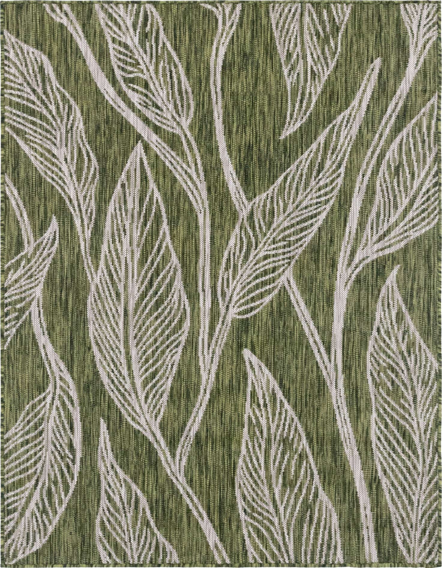 A 4x6 rectangular green indoor/outdoor rug with a modern botanical pattern of large, light green leaves and stems.