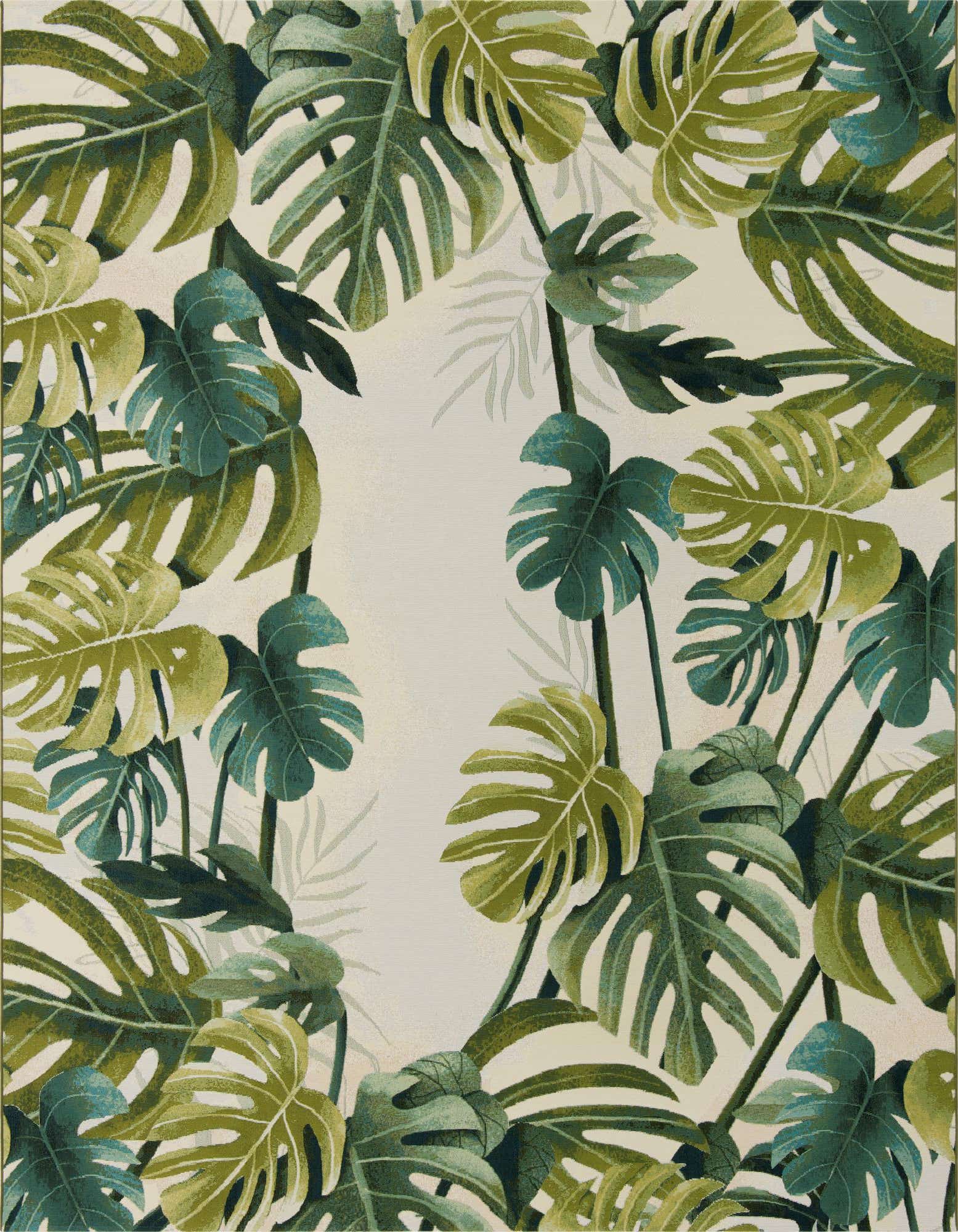 A rectangular 10x12 green botanical rug with a modern monstera leaf pattern on a light background, suitable for a patio.