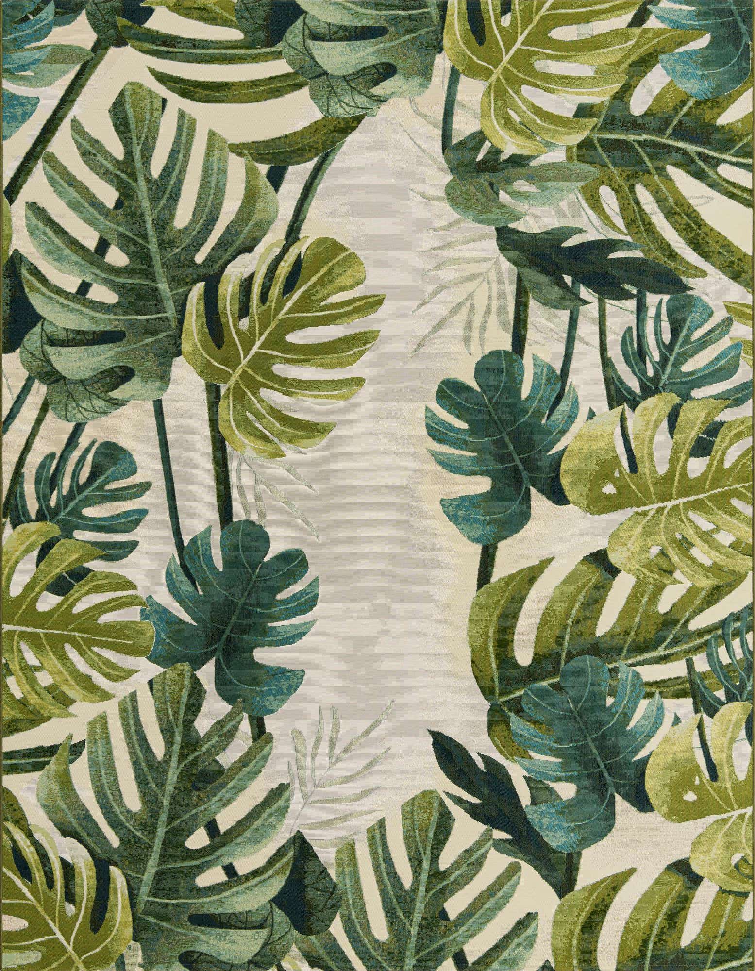 8x10 rectangular indoor/outdoor rug with a vibrant green botanical monstera leaf pattern on a light background.