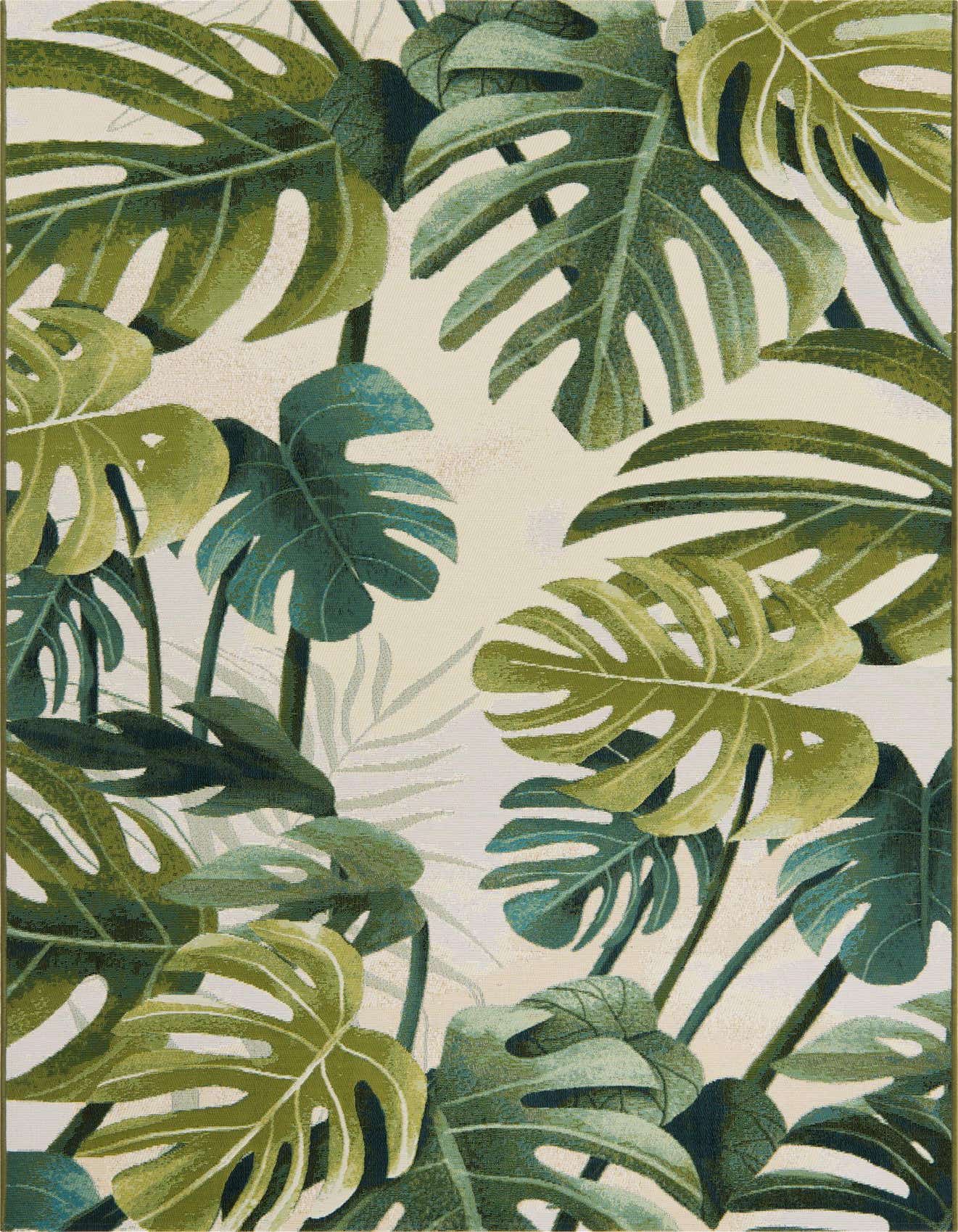 A 5x8 rectangular indoor/outdoor rug featuring a vibrant botanical pattern of large green monstera and palm leaves on a light background.
