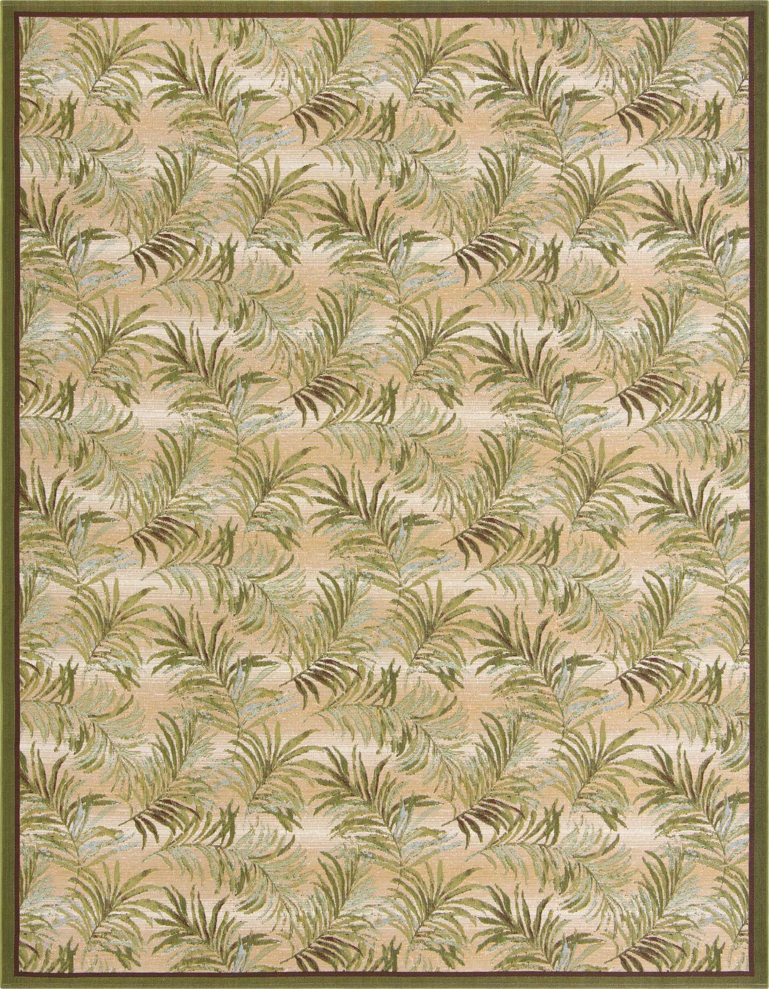 A 10x12 rectangular indoor/outdoor rug with a vibrant green botanical palm leaf pattern on a beige background, featuring a thin green border.