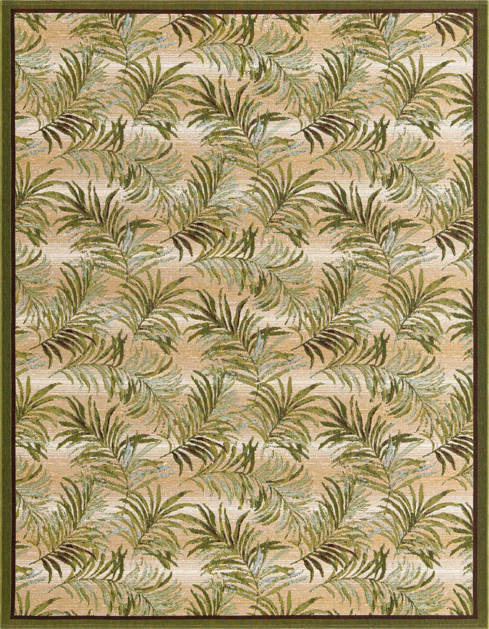 8x10 rectangular rug with a botanical palm leaf pattern in various greens on a beige background, framed by a dark green border.