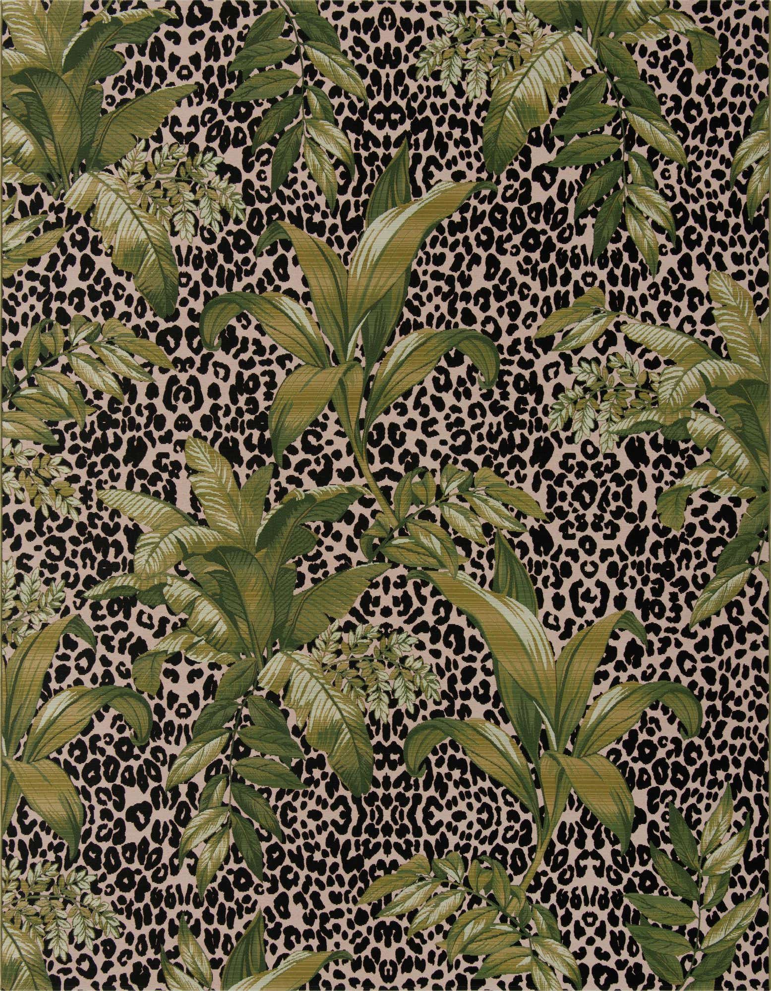 A 10x12 rectangular indoor/outdoor rug featuring a lush green botanical pattern over a beige and black leopard print background.