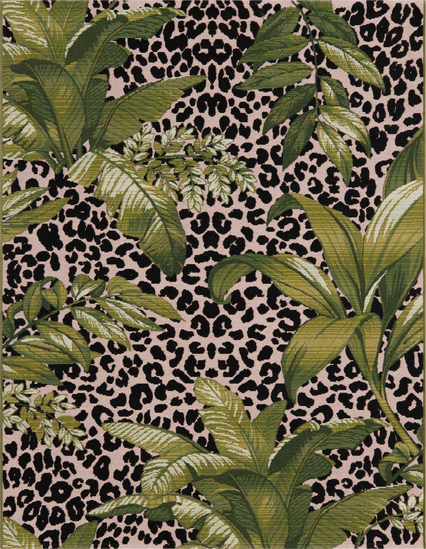 A 4x6 rectangular indoor/outdoor rug featuring a vibrant green botanical leaf pattern over a light pink and black leopard print background.