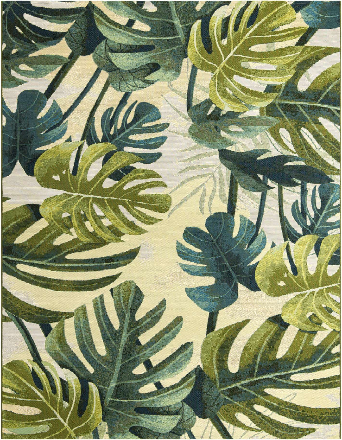 A 7x10 rectangular rug featuring a vibrant green botanical pattern of large monstera leaves on a light cream background.