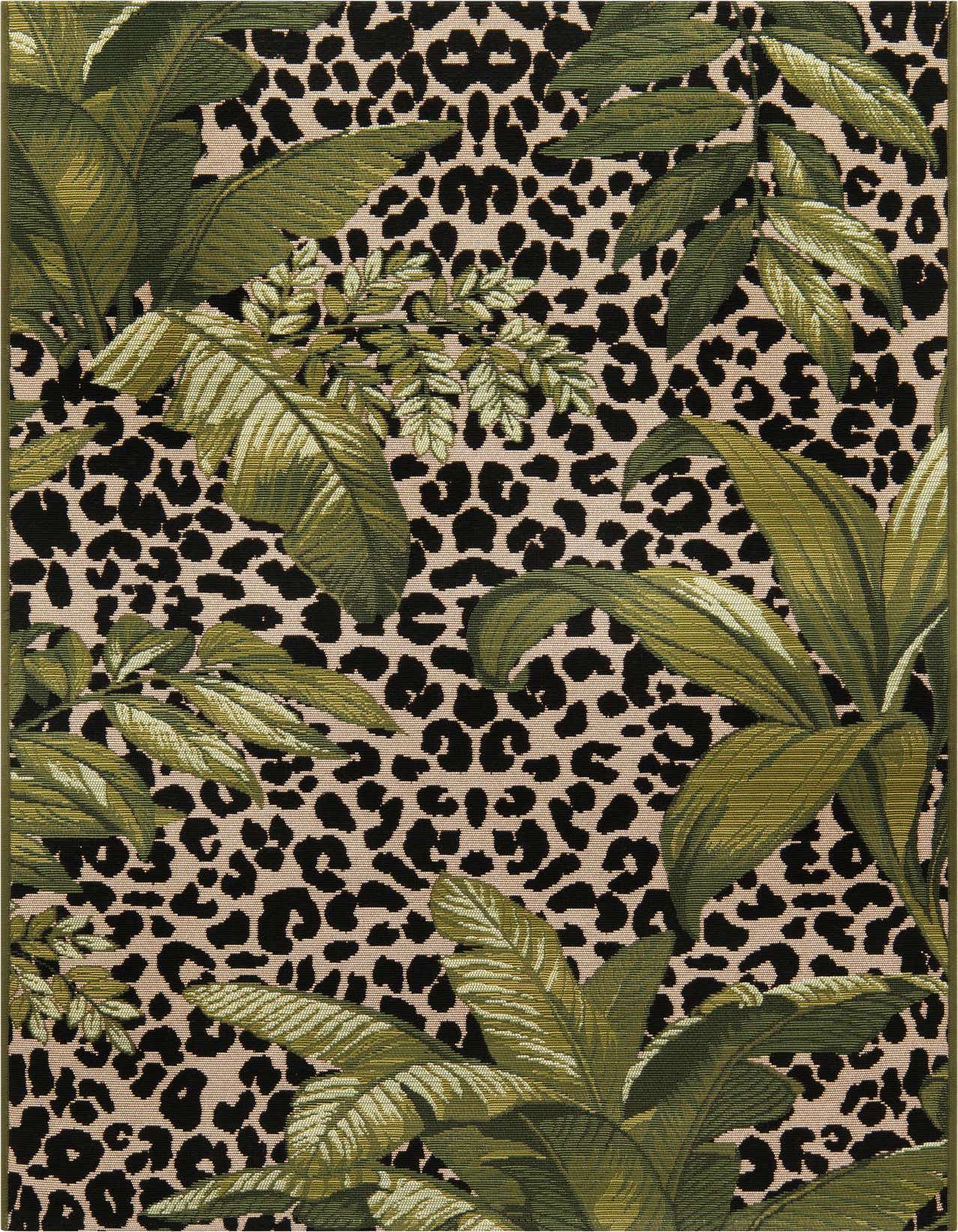A 3x5 rectangular rug featuring a bold green botanical leaf pattern over a beige and black leopard print background.
