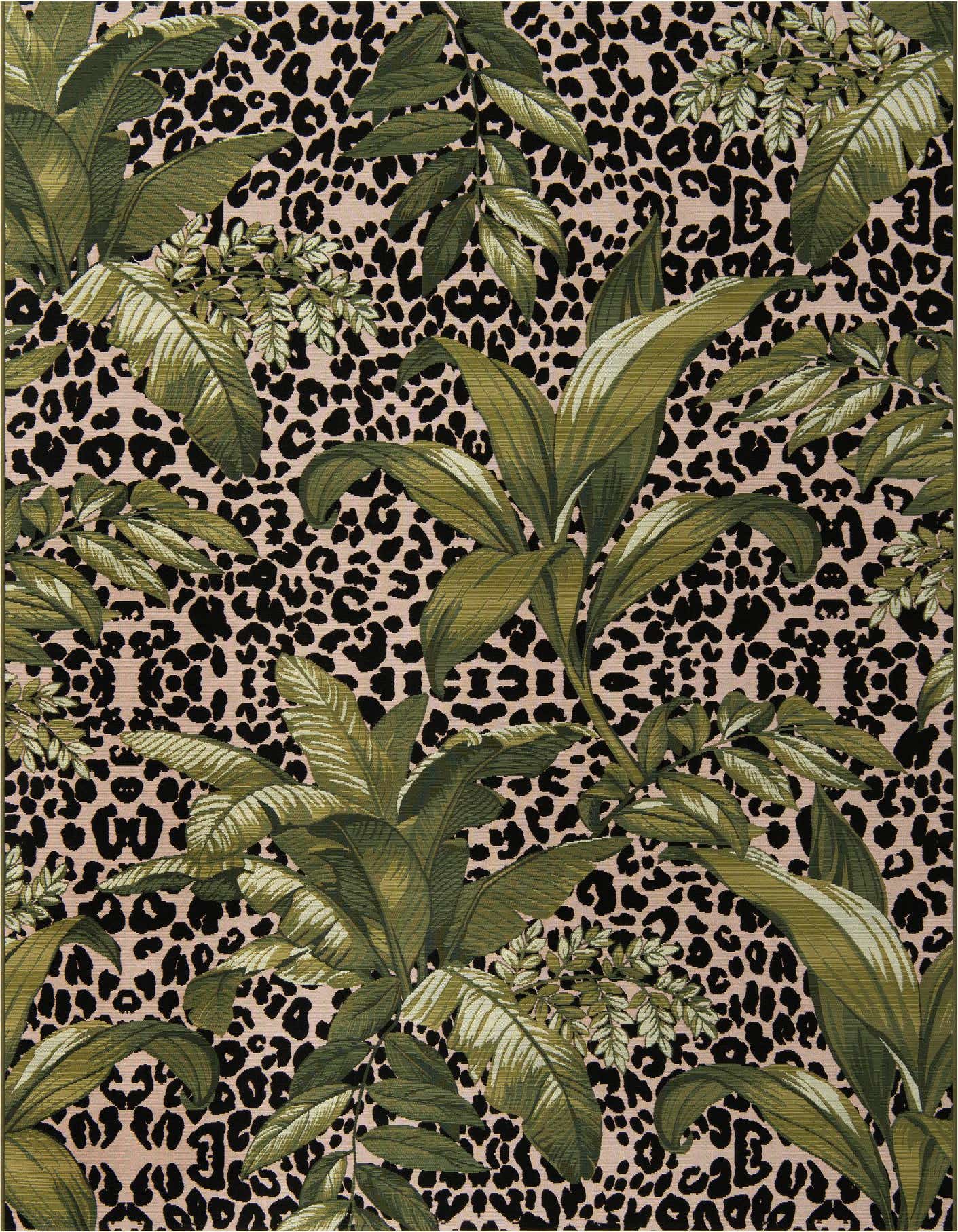 A 7x10 rectangular rug with a vibrant green botanical leaf pattern over a black and beige leopard print background.