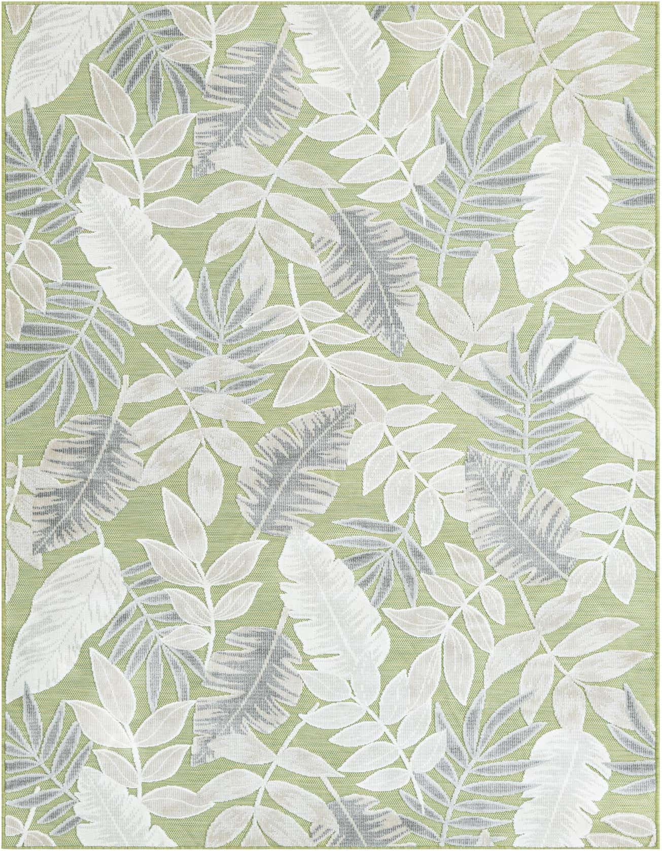 A 5x8 rectangular indoor/outdoor rug featuring a tropical leaf pattern in shades of green, white, and grey.