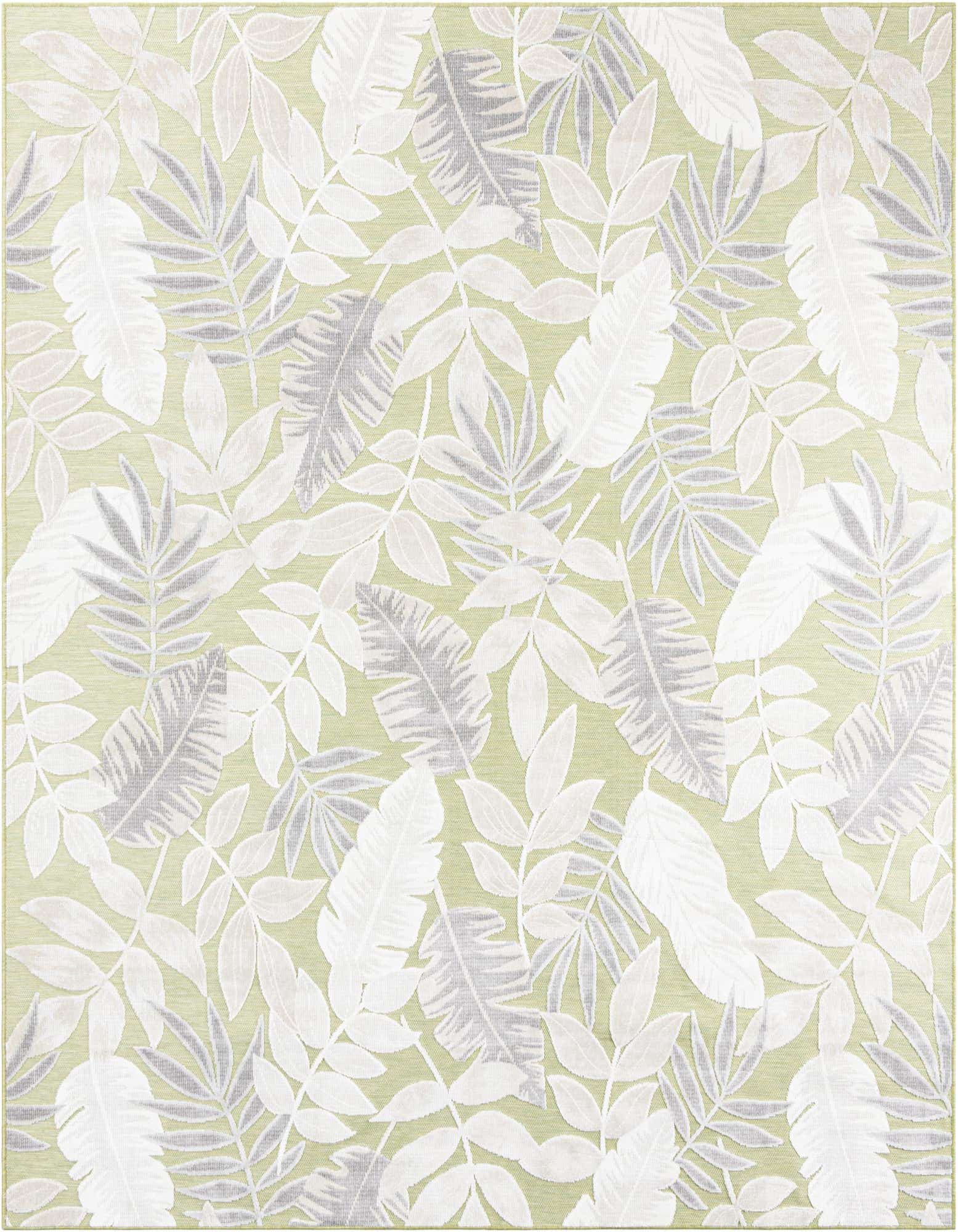 8x10 rectangular green indoor/outdoor rug with a modern tropical leaf pattern in white and grey.