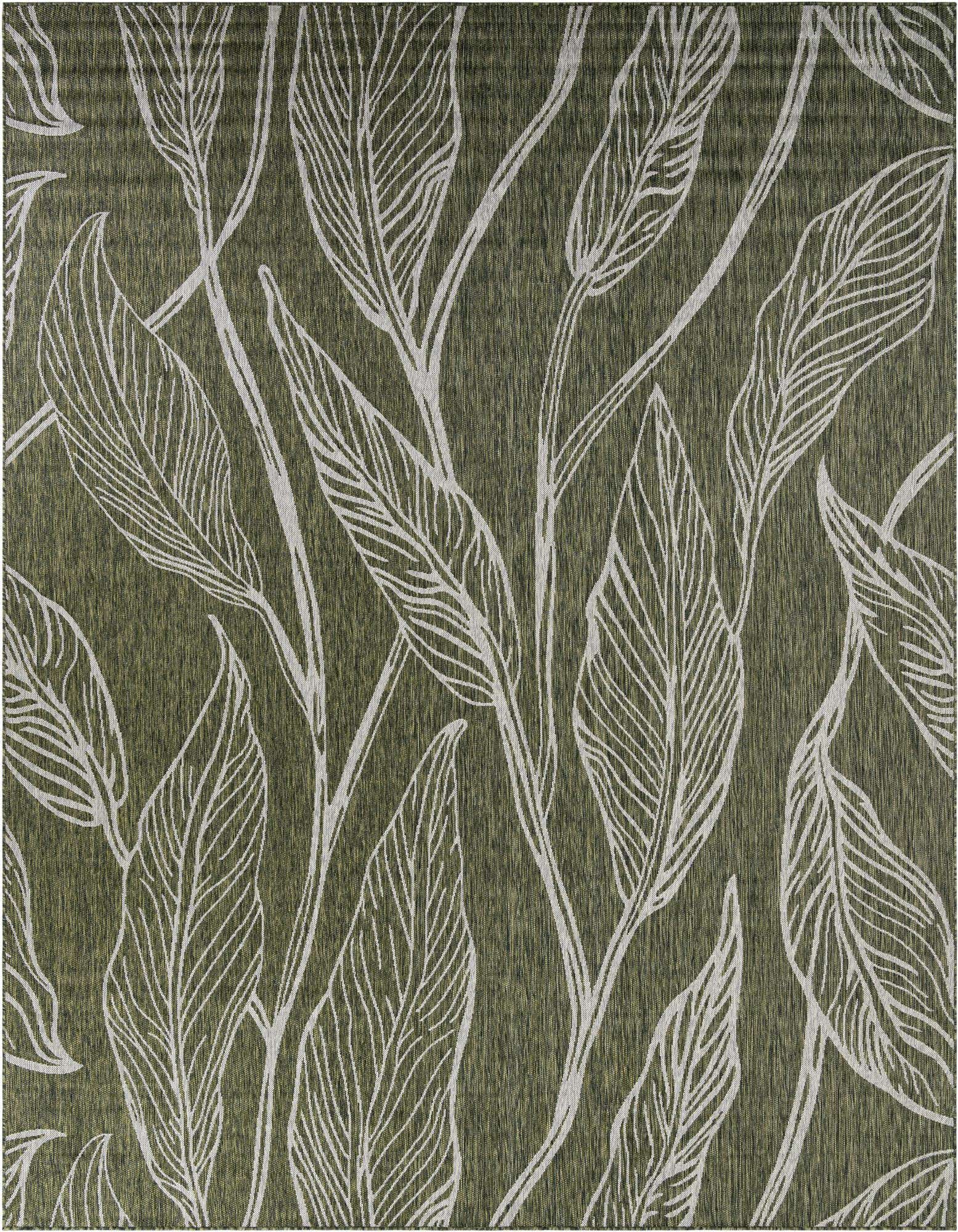 A 10x13 rectangular green indoor/outdoor rug with a modern botanical pattern of white outlined leaves.