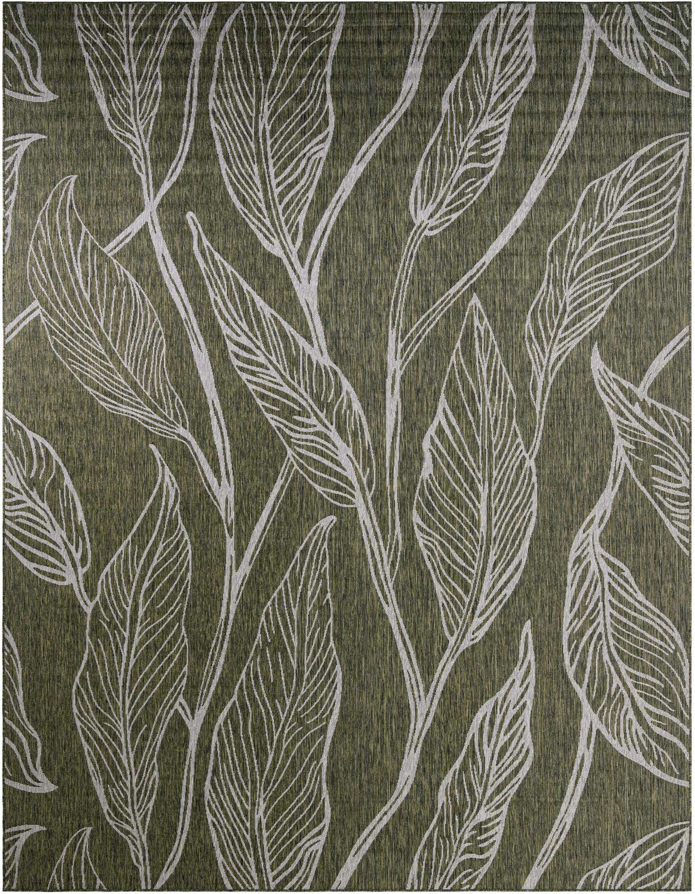 A 10x14 rectangular green indoor/outdoor rug with a modern botanical pattern of large, light-colored leaves and stems.