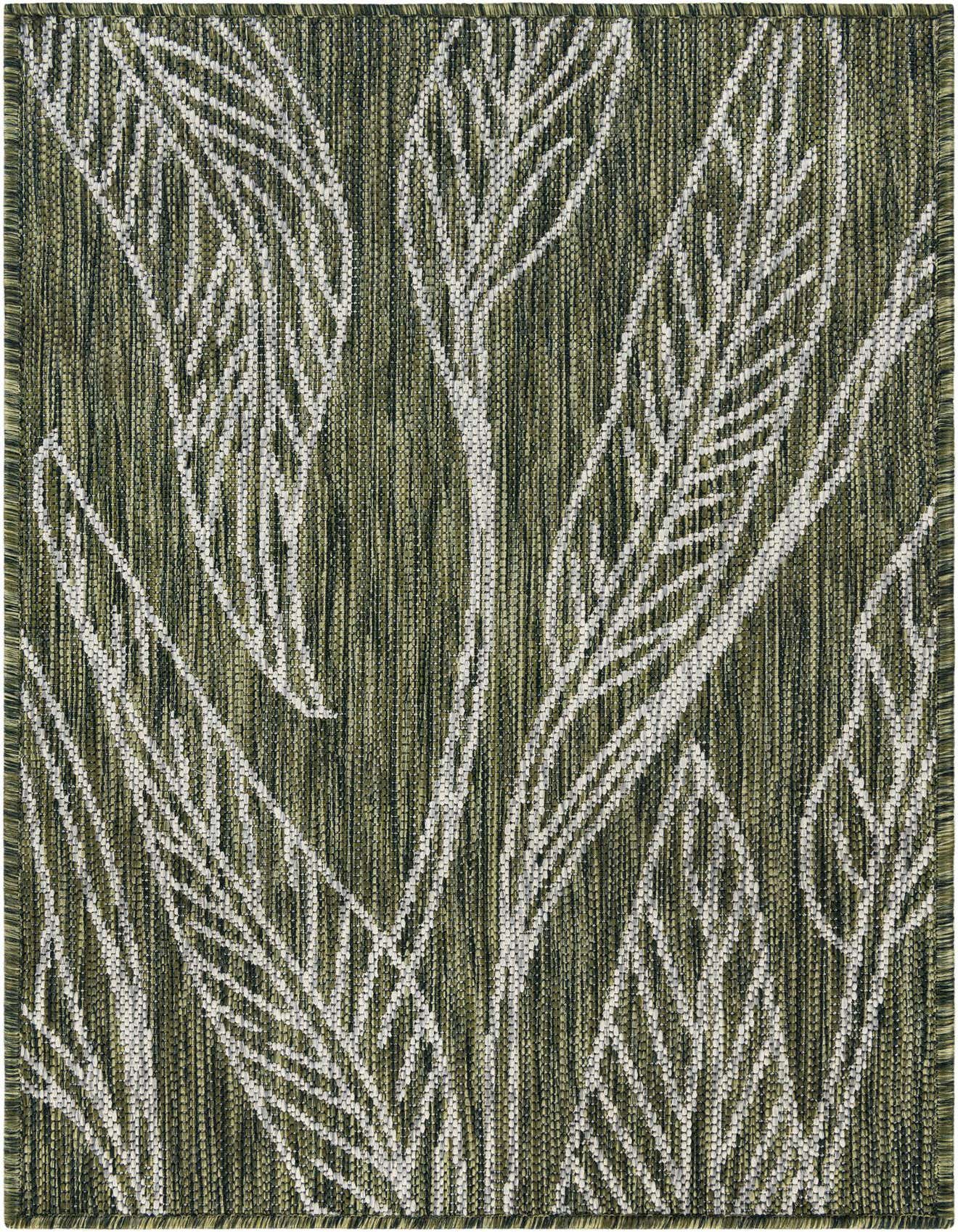 A rectangular 2x3 green indoor/outdoor rug with a modern botanical pattern of white leaves, perfect for a patio or entryway.
