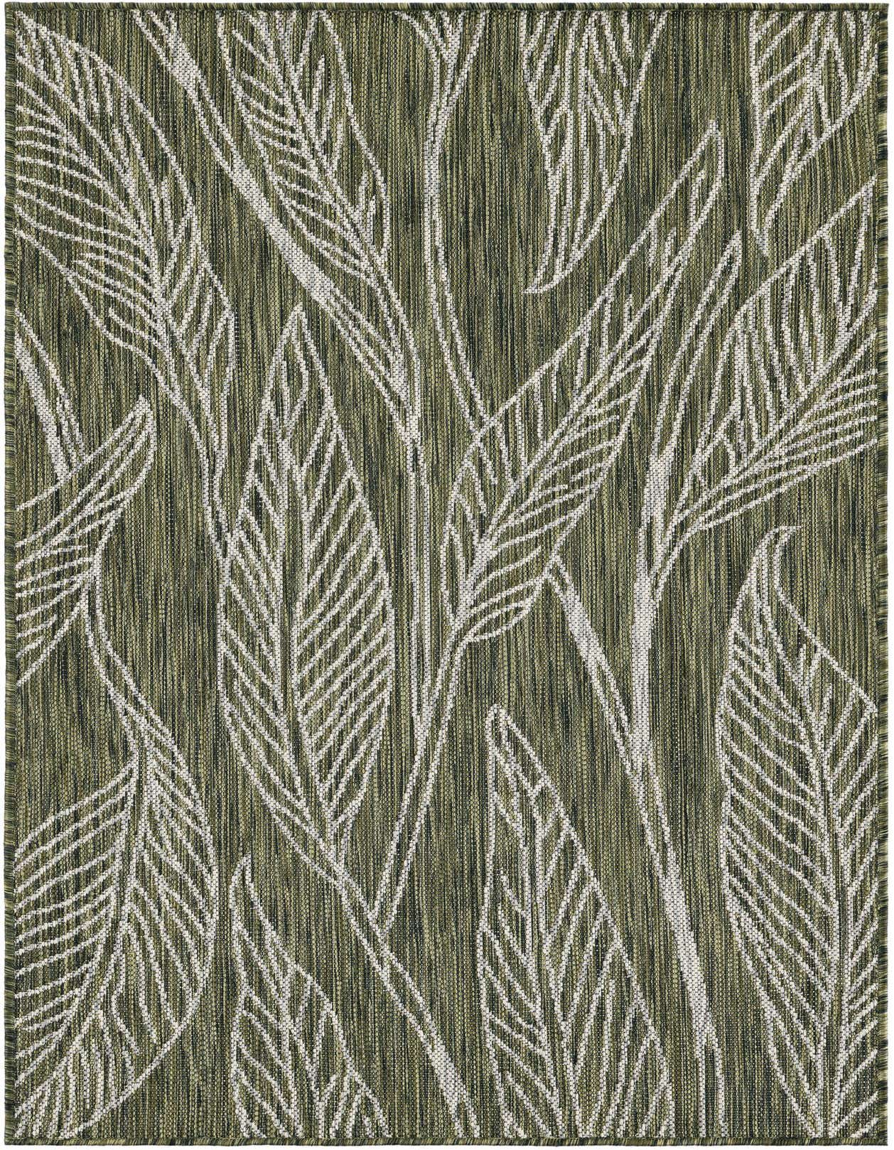 A 3x5 rectangular green indoor/outdoor rug with a modern botanical leaf pattern in light green and white.