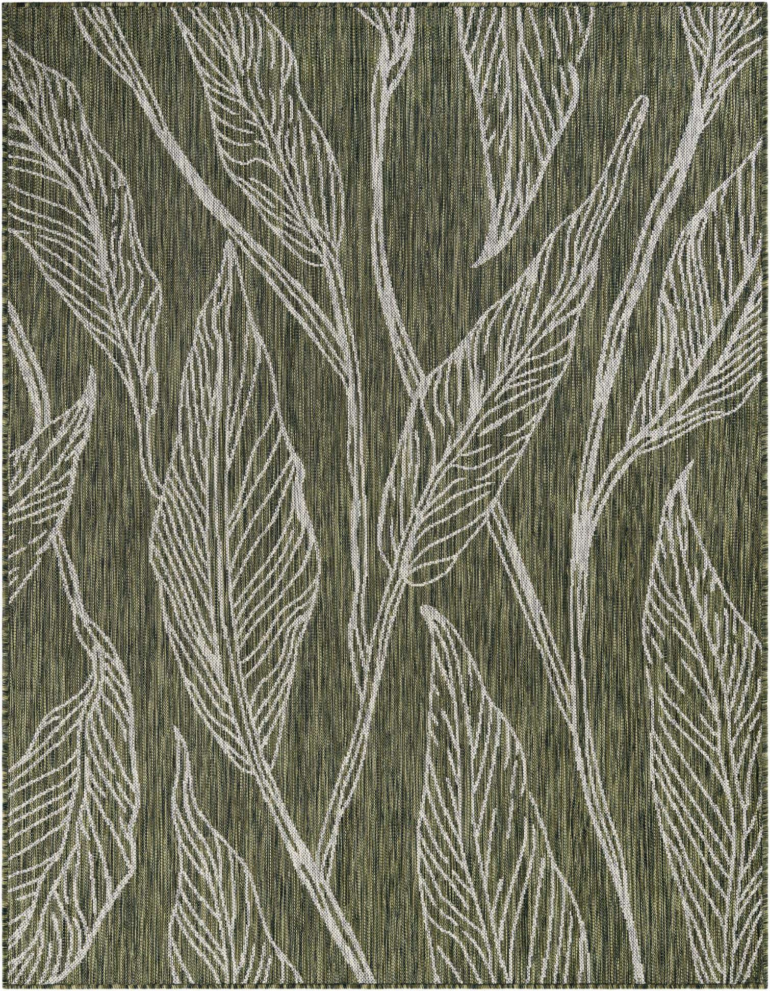 A 5x7 rectangular green indoor/outdoor rug with a modern botanical leaf pattern in light green and white, ideal for a patio.