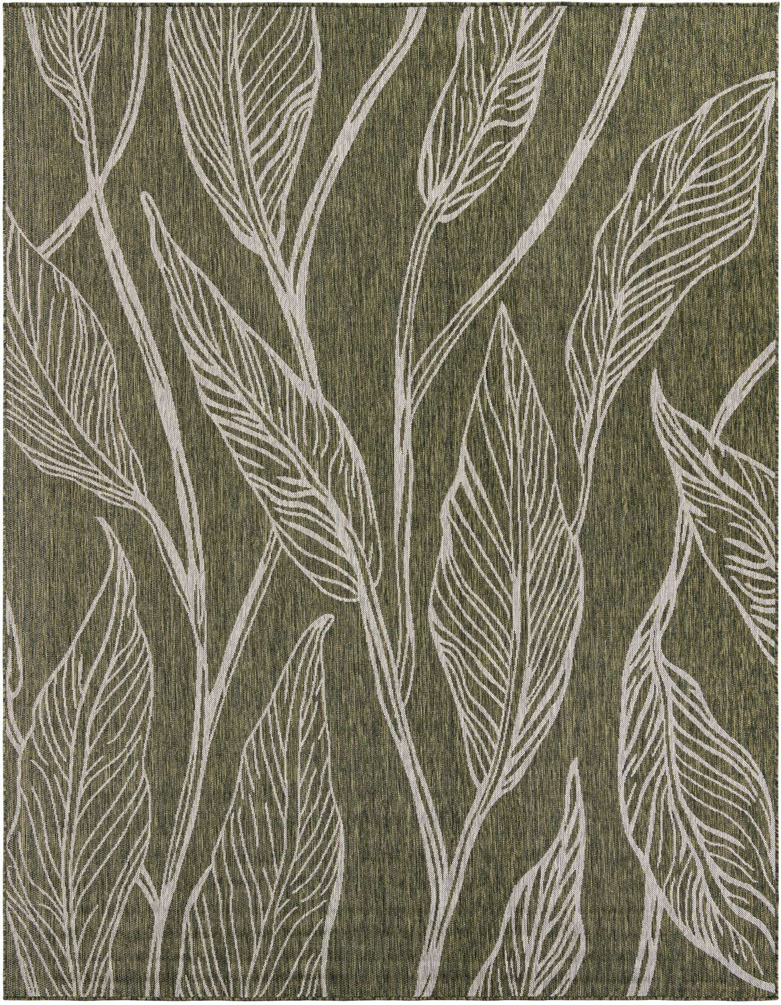 An 8x10 rectangular green indoor/outdoor rug with a modern botanical pattern of large white leaves.