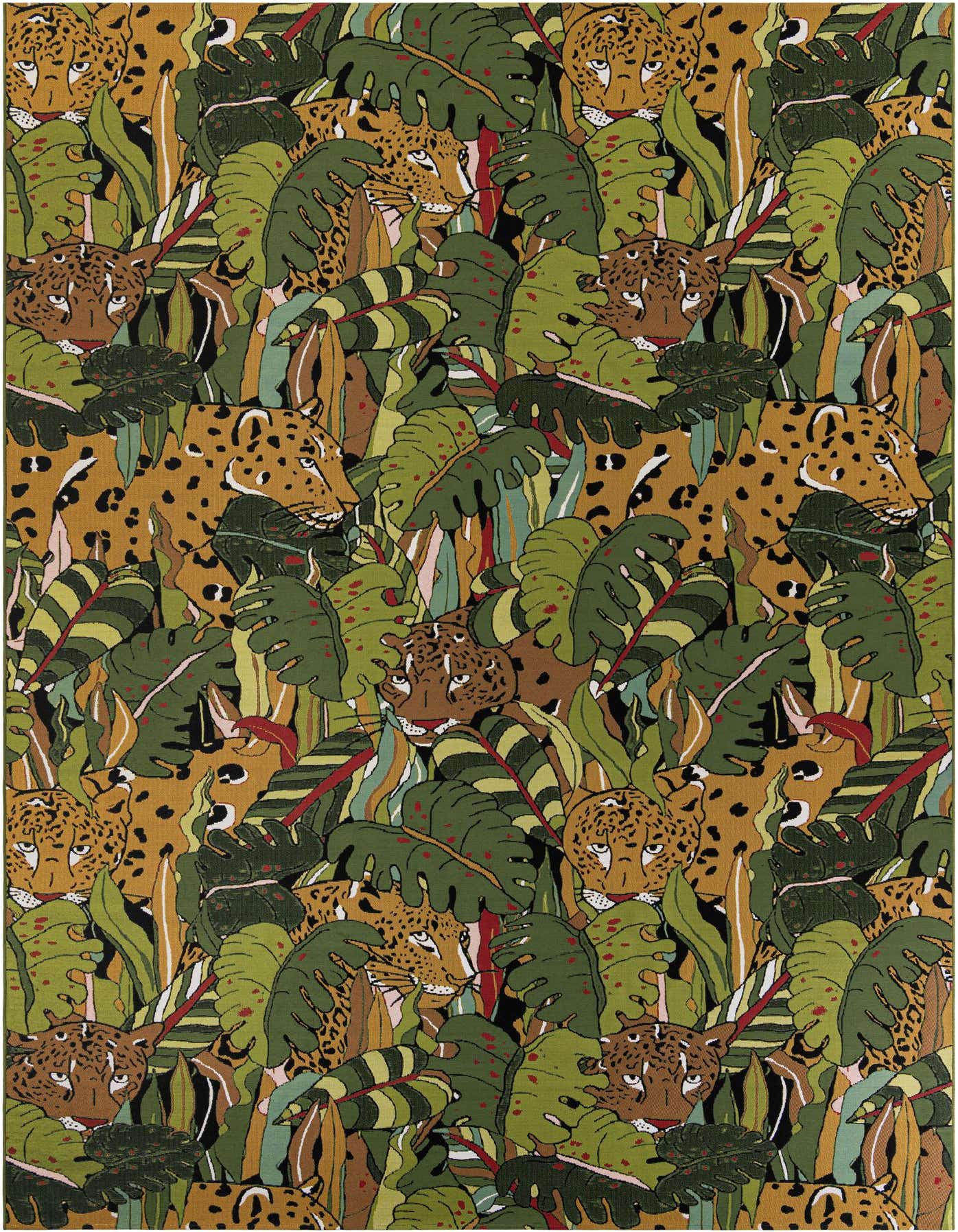 A 10x14 rectangular indoor/outdoor rug with a vibrant green modern floral pattern featuring leopards among tropical leaves.