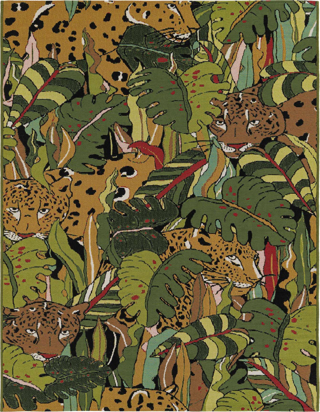 A 4x6 rectangular indoor/outdoor rug featuring a vibrant modern jungle pattern with green leaves and hidden leopards.