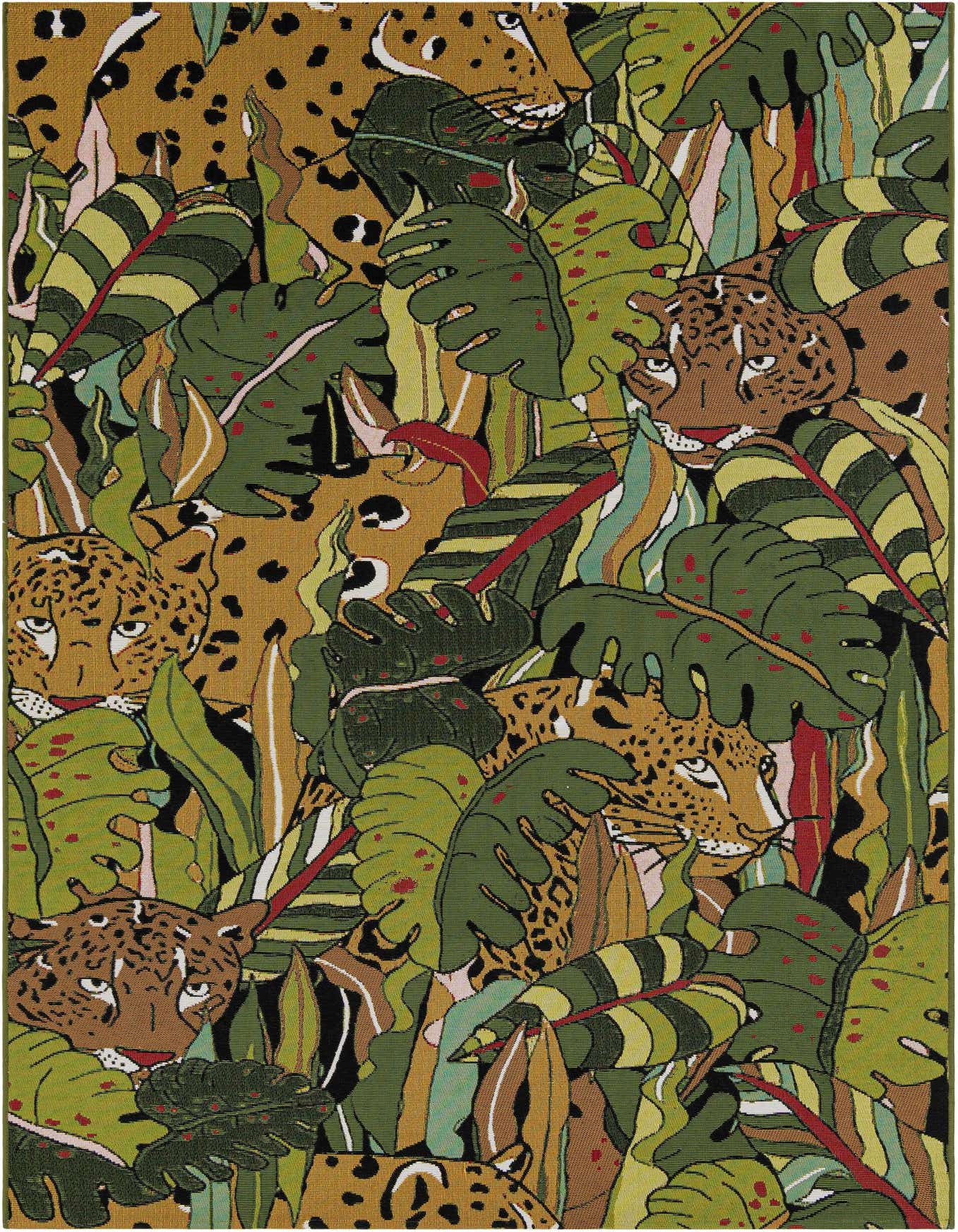 A 5x8 rectangular green rug with a modern abstract pattern featuring leopards camouflaged among lush green and brown tropical leaves.