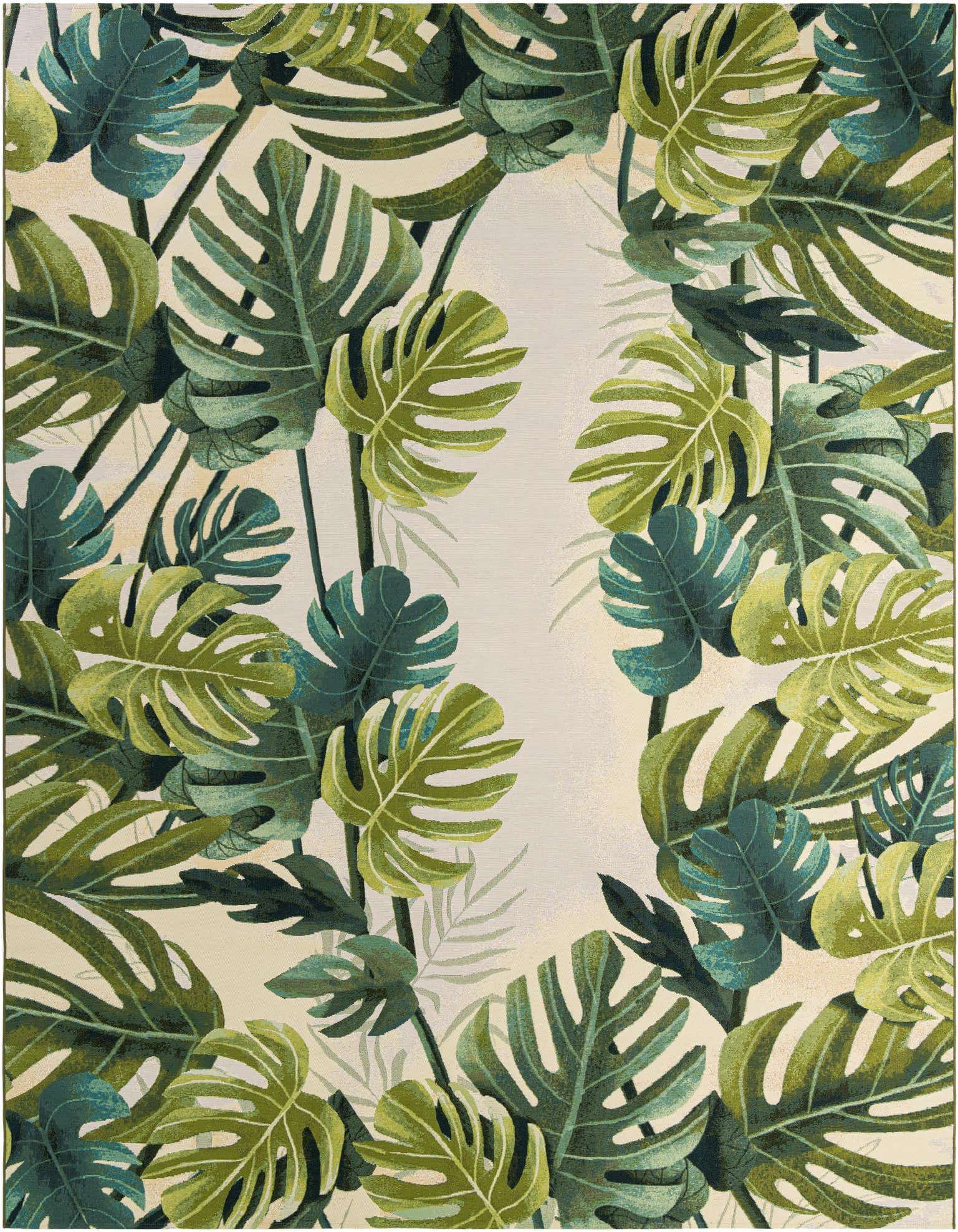 A 10x13 rectangular indoor/outdoor rug featuring a vibrant botanical pattern of green monstera leaves on a light background.