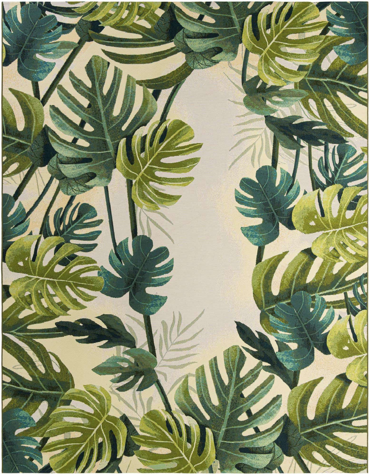 A 9x12 rectangular rug featuring a vibrant botanical pattern of large green monstera leaves on a light cream background.