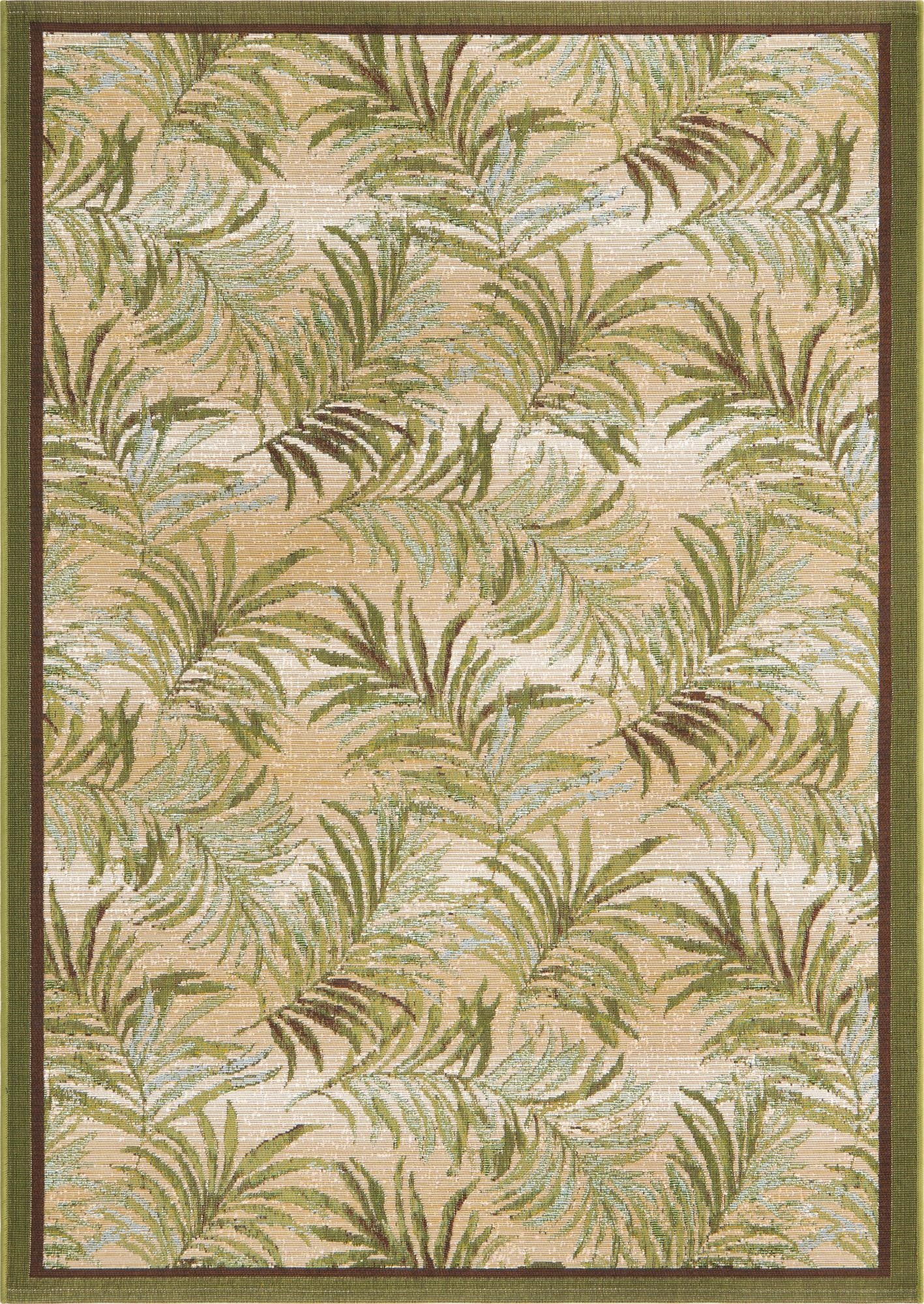 A 4x6 rectangular indoor/outdoor rug with a botanical palm leaf pattern in various greens on a beige background, framed by a green border.